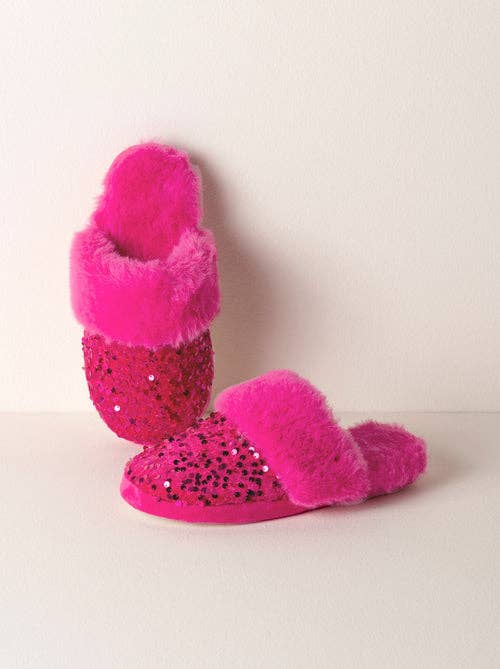 L/XL Magenta Sequin Plush Slippers
