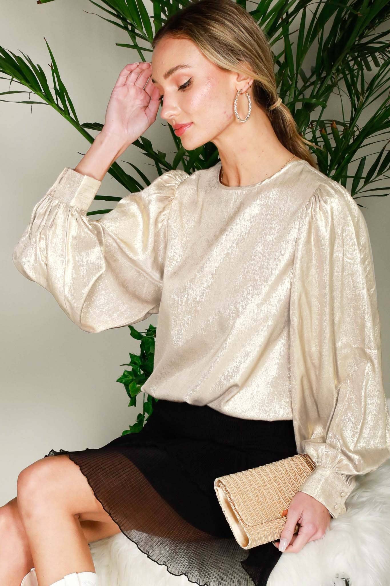 Long Balloon Sleeve Round Neck Metallic Woven BlouseVT31320D: Hunter Green / S
