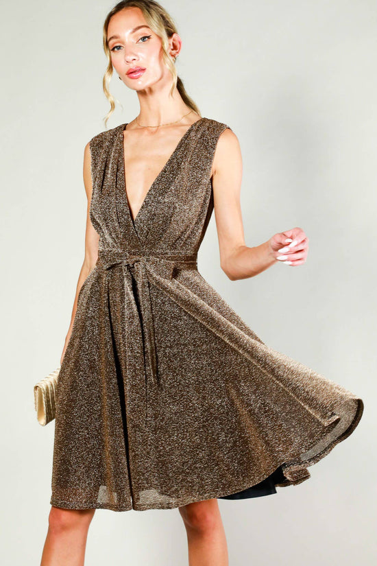 Load image into Gallery viewer, Surplice V-neck Sleeveless Tie Waist Dress in Bronze
