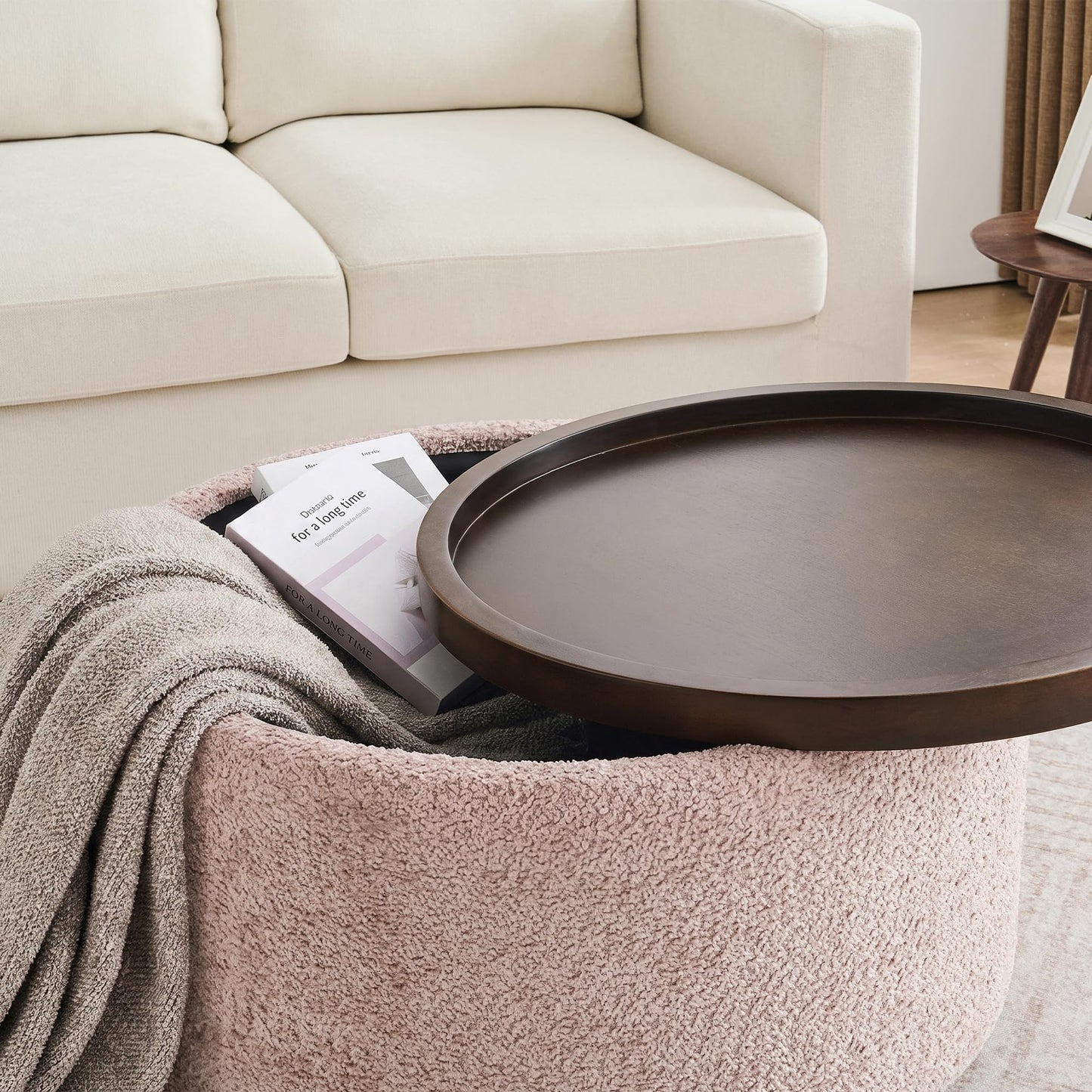 Zihanhome 30 Inch Round Storage Ottoman, Ottoman Coffee Table with Lift Off Lid, Boucle Modern Ottomans with Storage for Living Room, Bedroom, Apartments (Green)