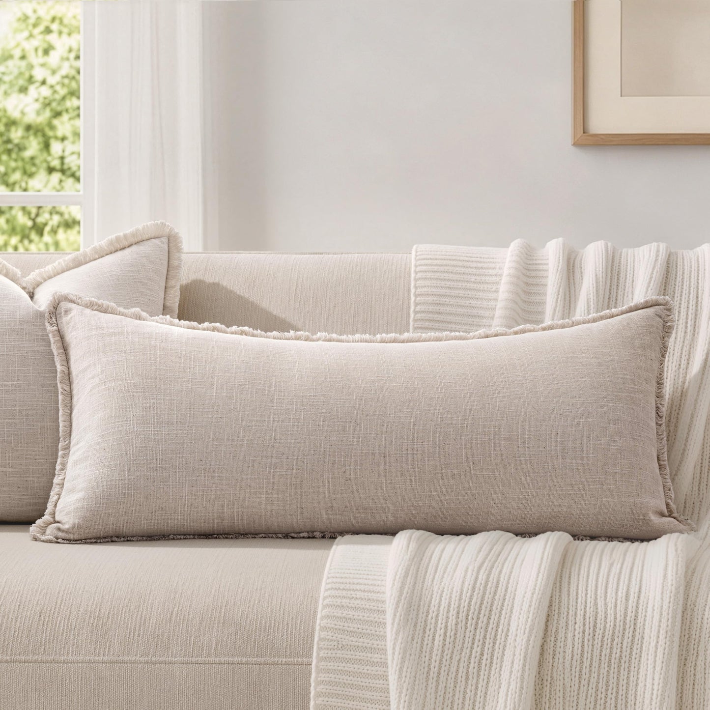 MIULEE 14x36 Long Linen Lumbar Pillow Covers Set of 1 Light Olive Green