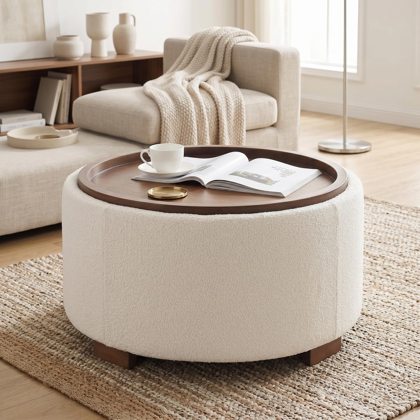 Zihanhome 30 Inch Round Storage Ottoman, Ottoman Coffee Table with Lift Off Lid, Boucle Modern Ottomans with Storage for Living Room, Bedroom, Apartments (Green)