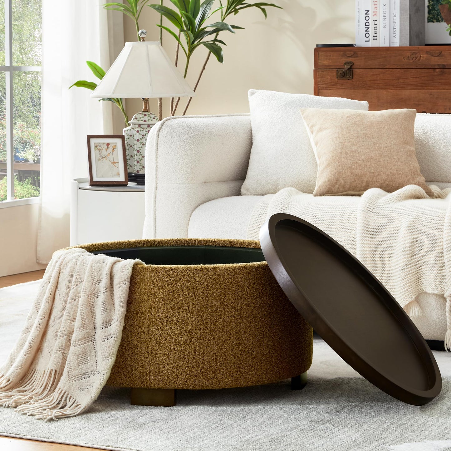 Zihanhome 30 Inch Round Storage Ottoman, Ottoman Coffee Table with Lift Off Lid, Boucle Modern Ottomans with Storage for Living Room, Bedroom, Apartments (Green)
