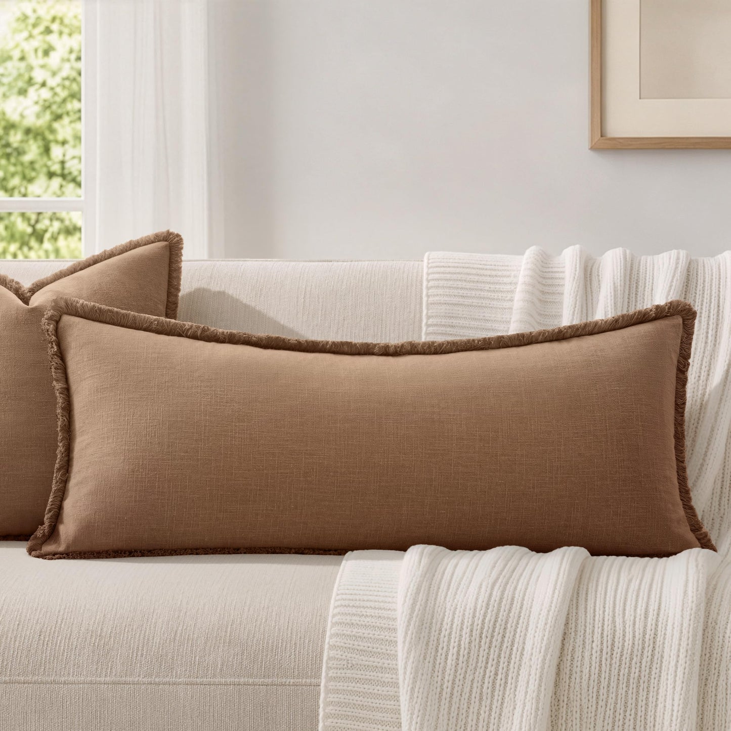MIULEE 14x36 Long Linen Lumbar Pillow Covers Set of 1 Light Olive Green