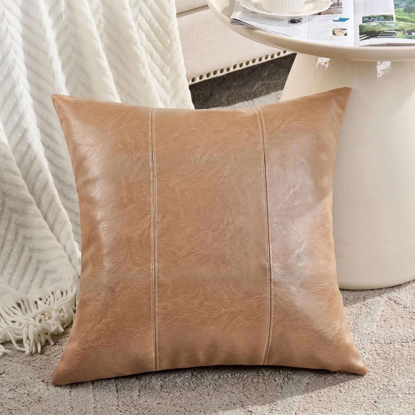 Fancy Homi Brown Boho Long Lumbar Faux Leather Body Decorative Throw Pillow Cover 14x36 Inch for Bedroom Couch Bed Bench, Thick Stylish Solid Rectangle Pillowcase, Rustic Modern Farmhouse Room Decor
