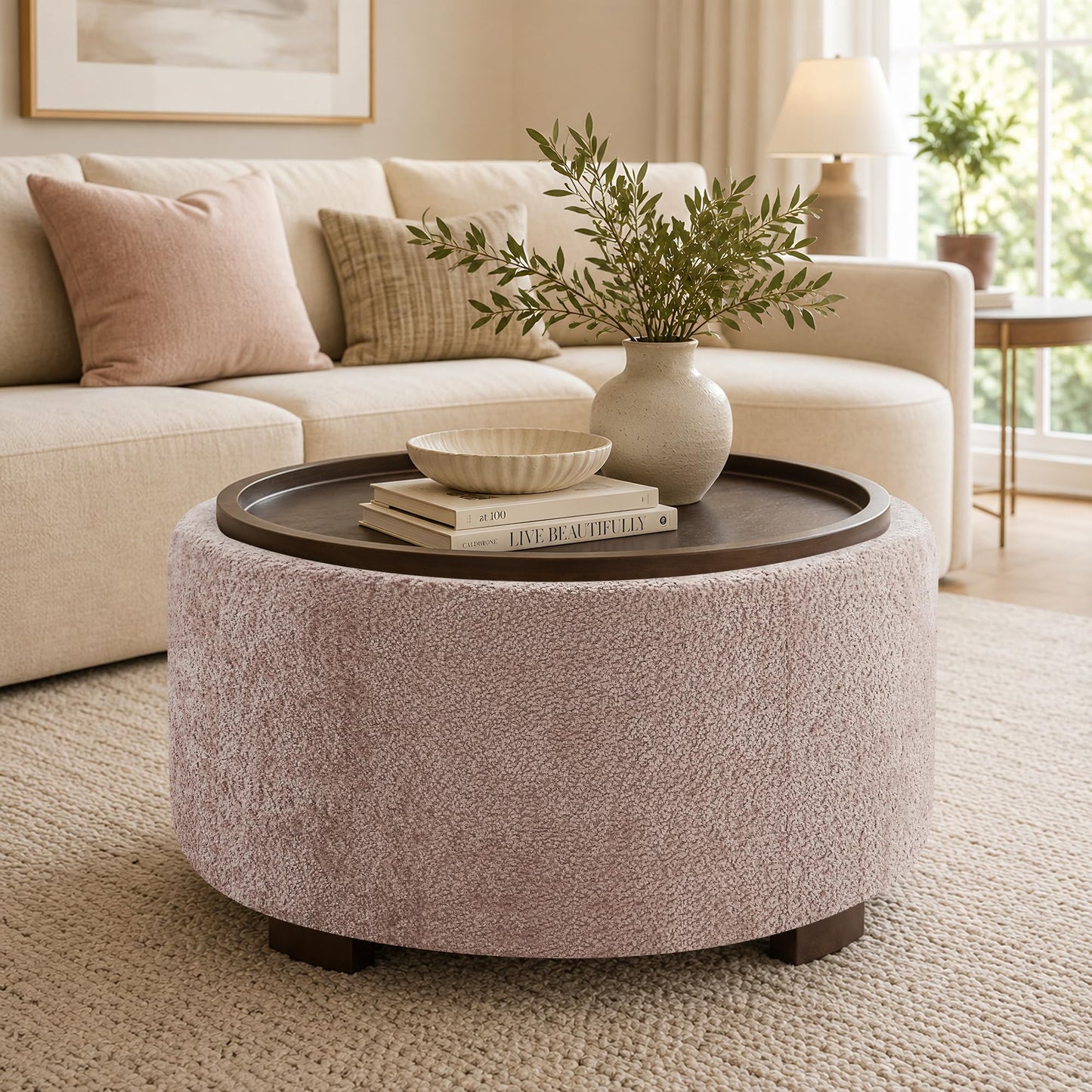 Zihanhome 30 Inch Round Storage Ottoman, Ottoman Coffee Table with Lift Off Lid, Boucle Modern Ottomans with Storage for Living Room, Bedroom, Apartments (Green)