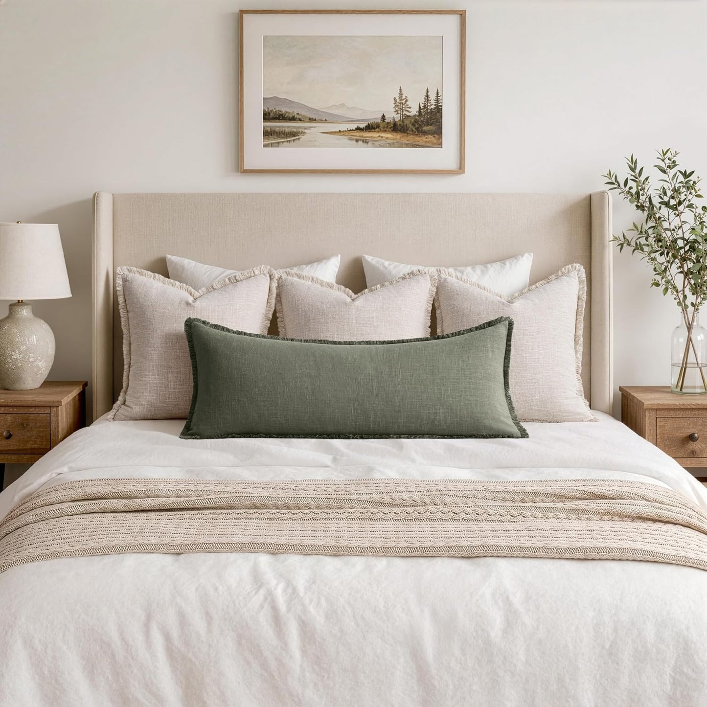 MIULEE 14x36 Long Linen Lumbar Pillow Covers Set of 1 Light Olive Green