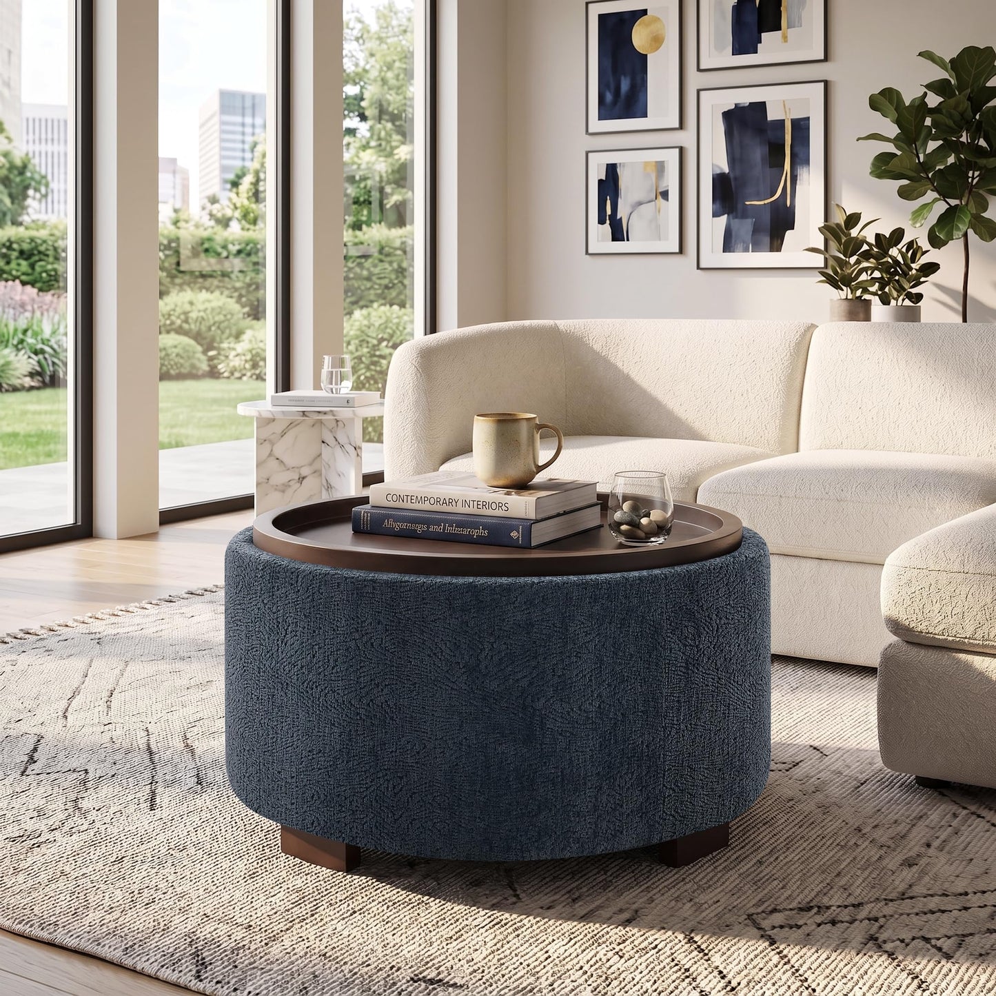 Zihanhome 30 Inch Round Storage Ottoman, Ottoman Coffee Table with Lift Off Lid, Boucle Modern Ottomans with Storage for Living Room, Bedroom, Apartments (Green)