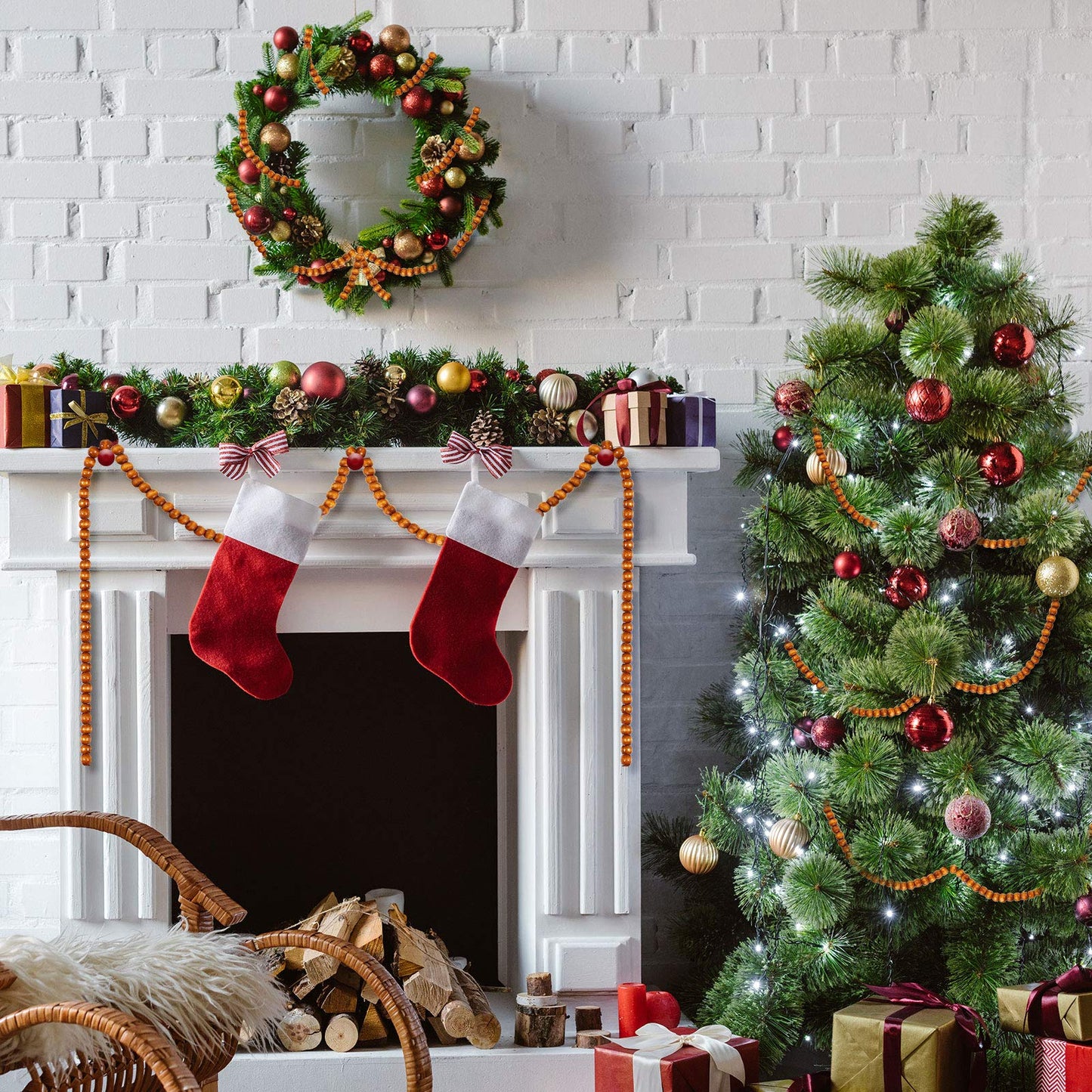 WILLBOND 16 Feet Wood Bead Garland Christmas Tree, Wood Color