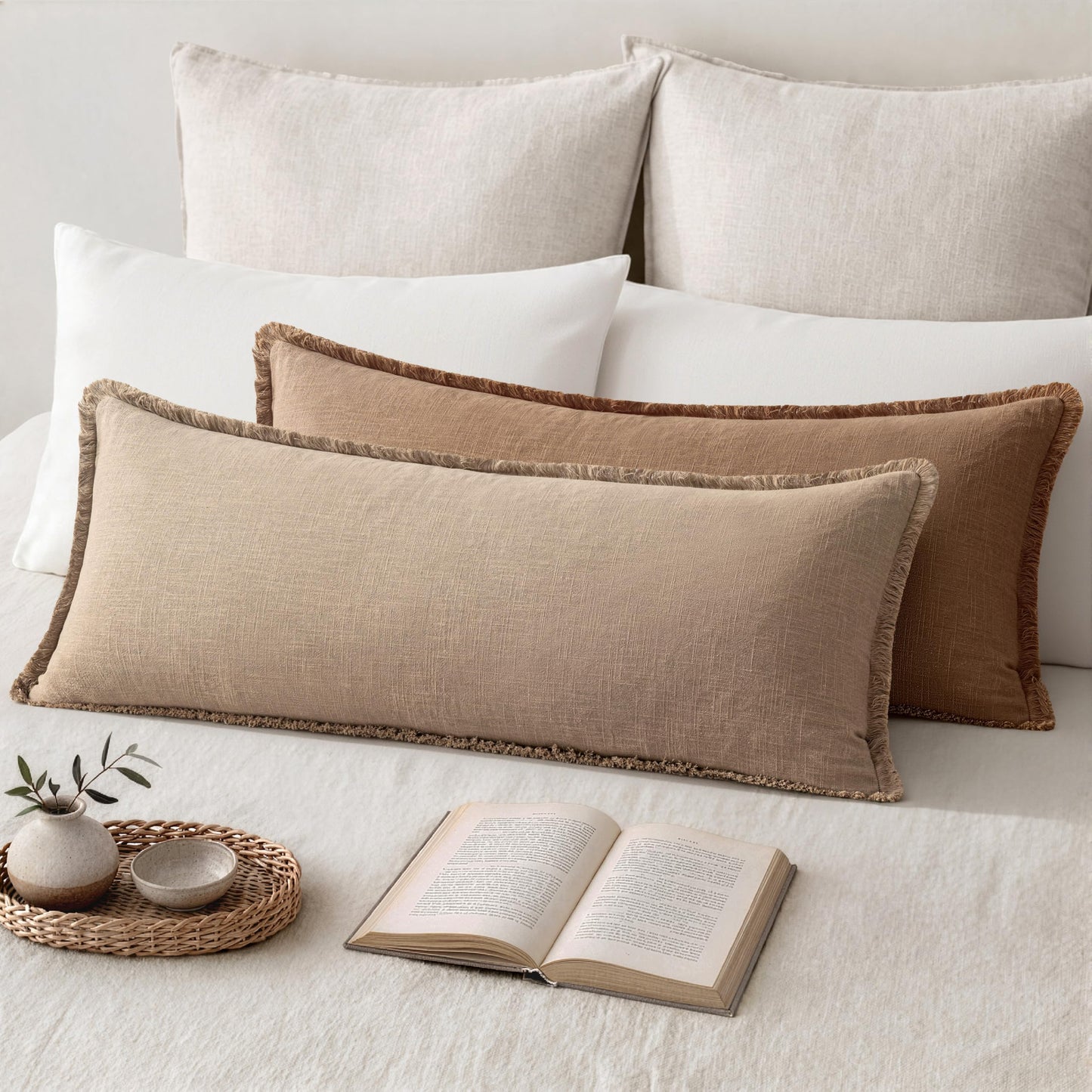 MIULEE 14x36 Long Linen Lumbar Pillow Covers Set of 1 Light Olive Green