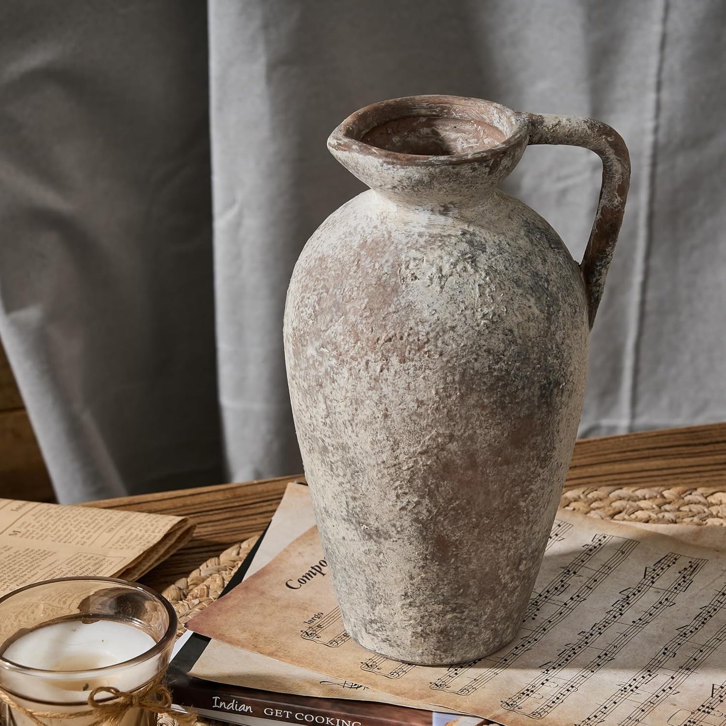 Ceramic Rustic Farmhouse Vase,9.25 inch Terracotta Vase with Handle