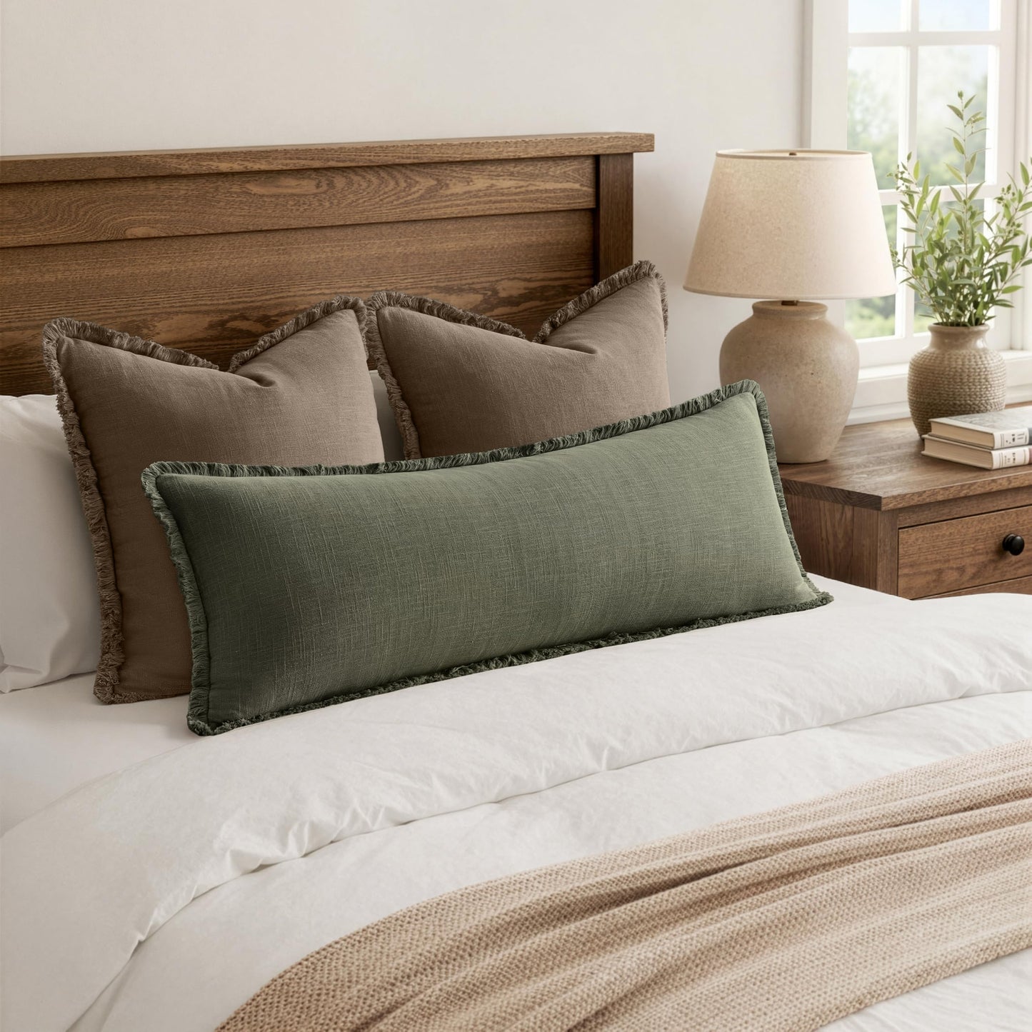 MIULEE 14x36 Long Linen Lumbar Pillow Covers Set of 1 Light Olive Green