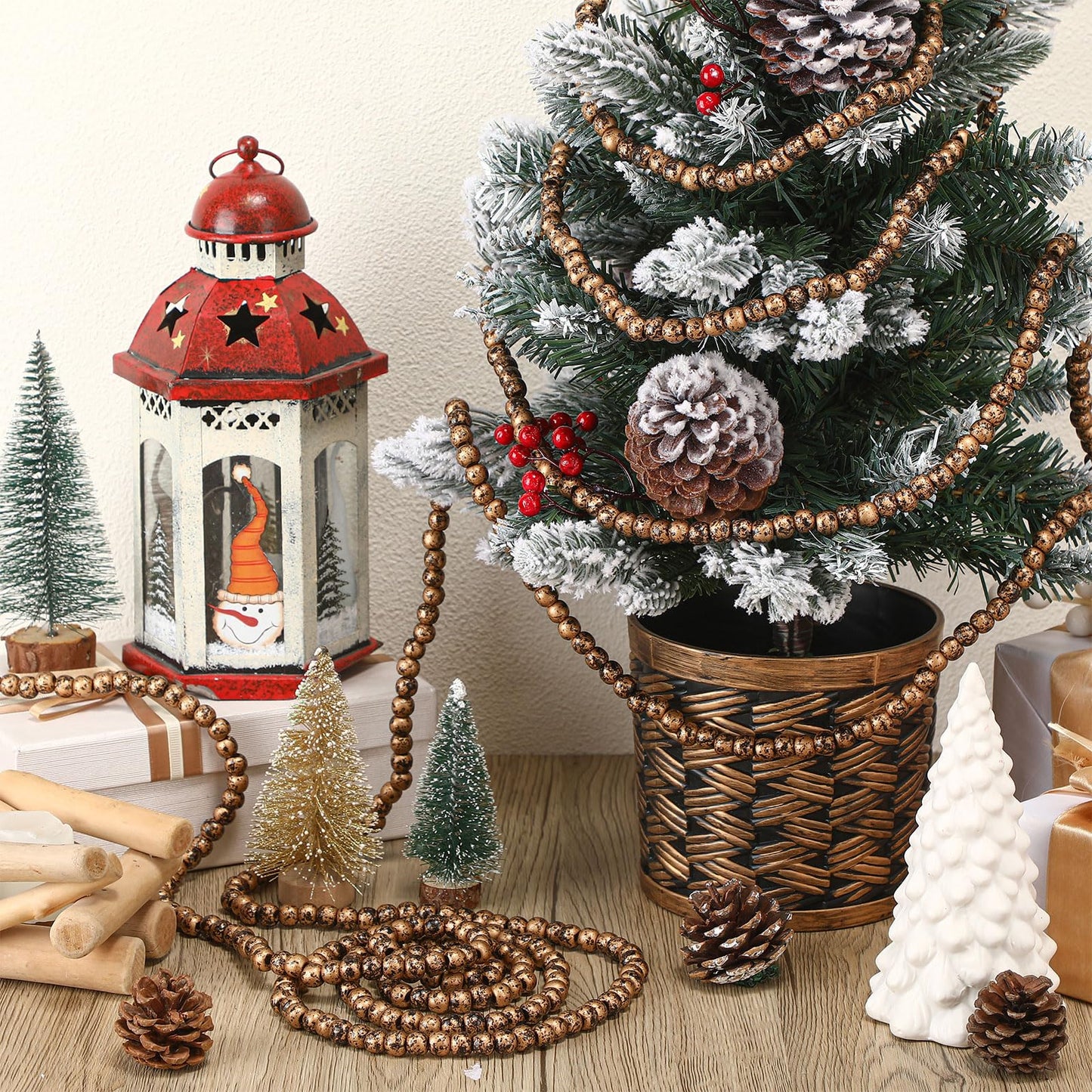 WILLBOND 16 Feet Wood Bead Garland Christmas Tree, Wood Color