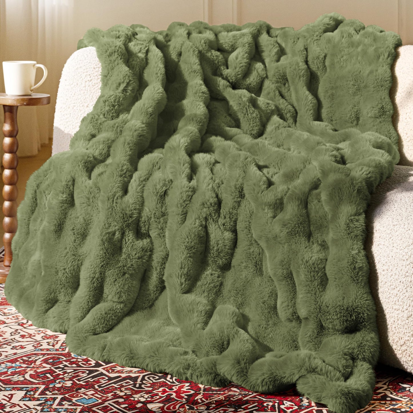 Ultra Soft Cozy Faux Fur Throw Blanket, Fuzzy Plush Thick Bubble Blanket, Oversize Luxury Fluffy Blanket for Couch, Sofa, Bedroom, and Living Room, 50x60 Inches, Light Brown