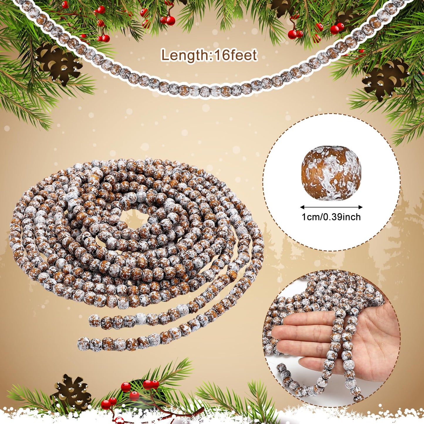 WILLBOND 16 Feet Wood Bead Garland Christmas Tree, Wood Color