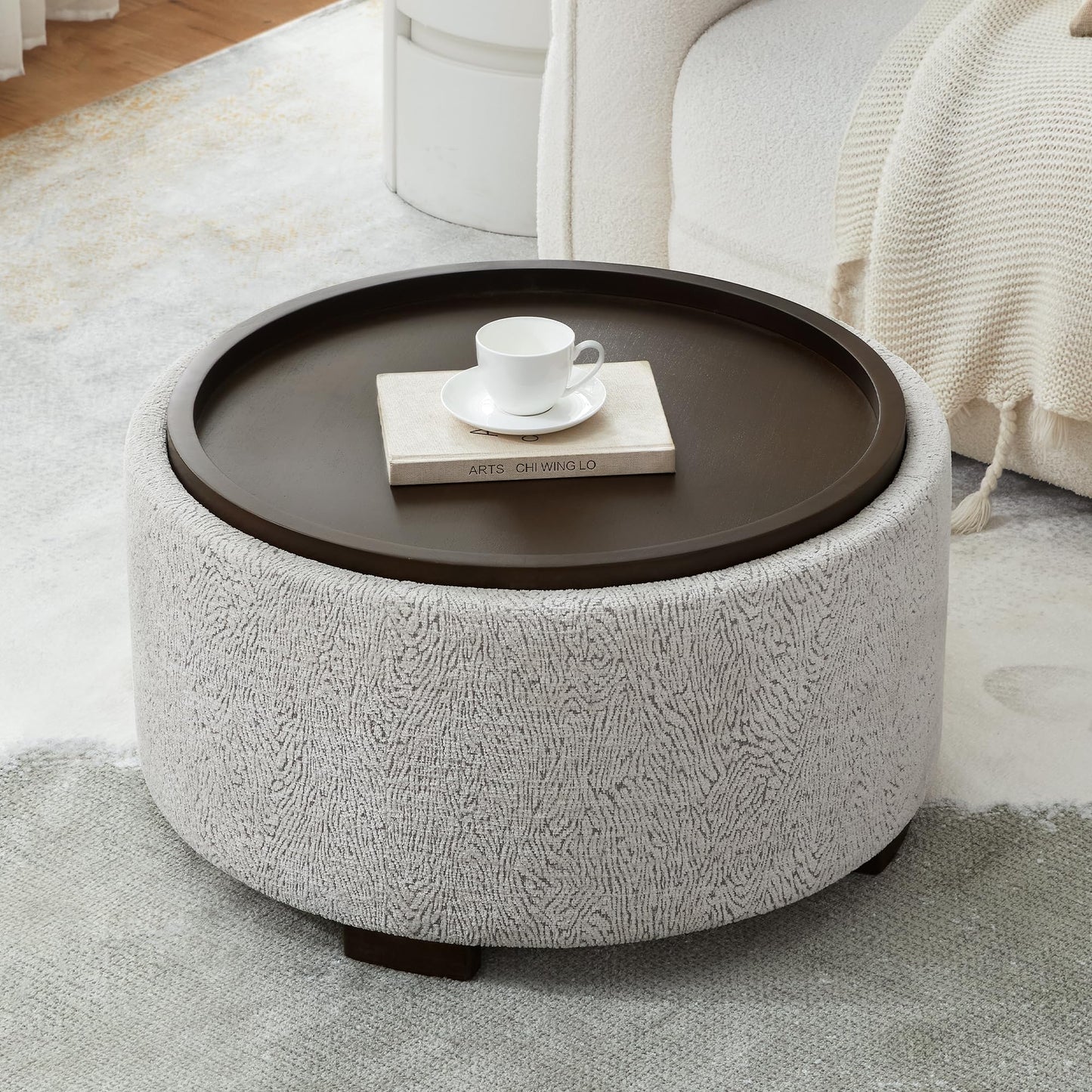 Zihanhome 30 Inch Round Storage Ottoman, Ottoman Coffee Table with Lift Off Lid, Boucle Modern Ottomans with Storage for Living Room, Bedroom, Apartments (Green)