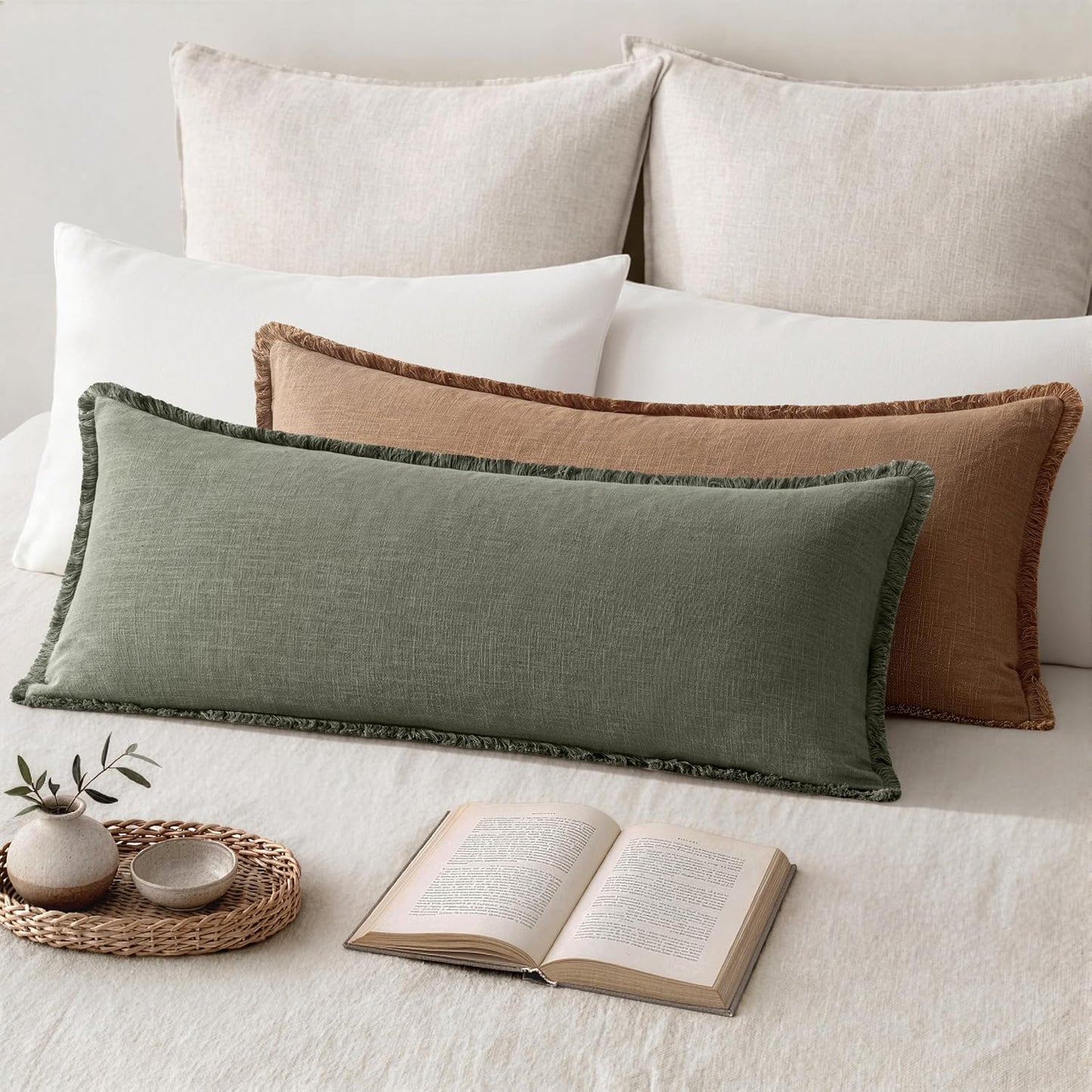 MIULEE 14x36 Long Linen Lumbar Pillow Covers Set of 1 Light Olive Green