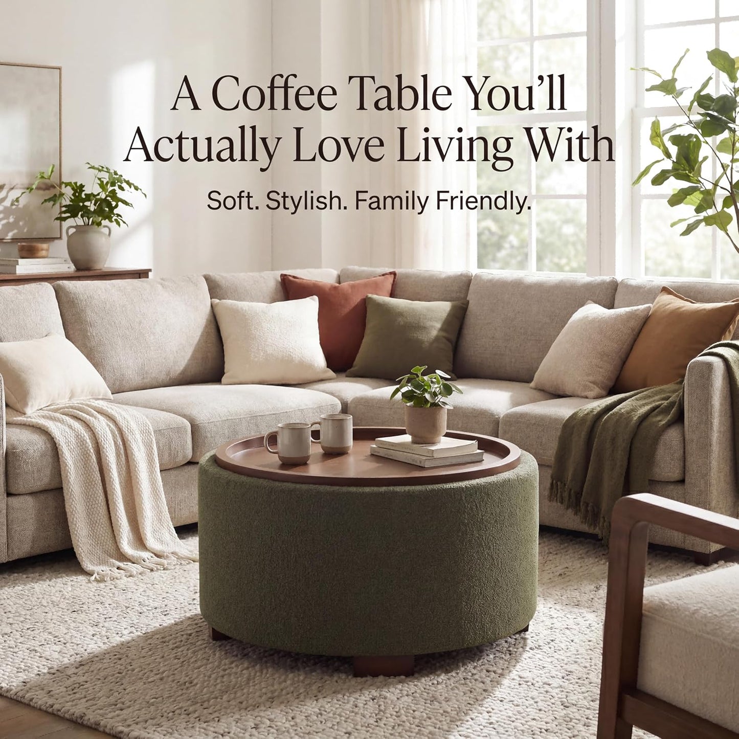 Zihanhome 30 Inch Round Storage Ottoman, Ottoman Coffee Table with Lift Off Lid, Boucle Modern Ottomans with Storage for Living Room, Bedroom, Apartments (Green)