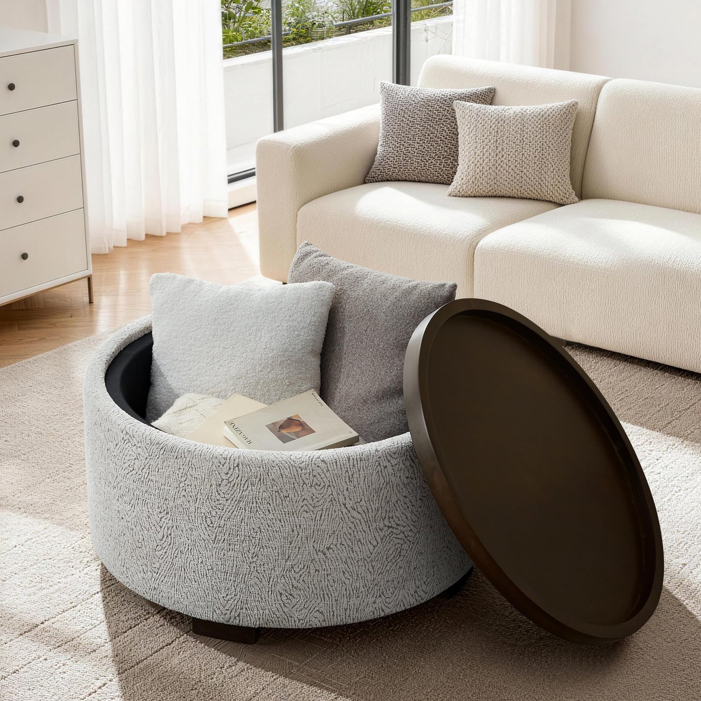 Zihanhome 30 Inch Round Storage Ottoman, Ottoman Coffee Table with Lift Off Lid, Boucle Modern Ottomans with Storage for Living Room, Bedroom, Apartments (Green)