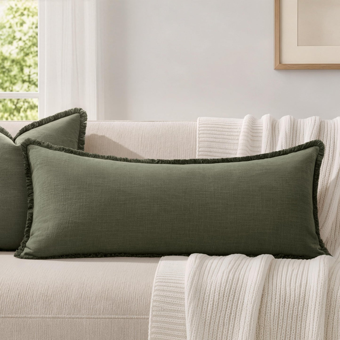 MIULEE 14x36 Long Linen Lumbar Pillow Covers Set of 1 Light Olive Green