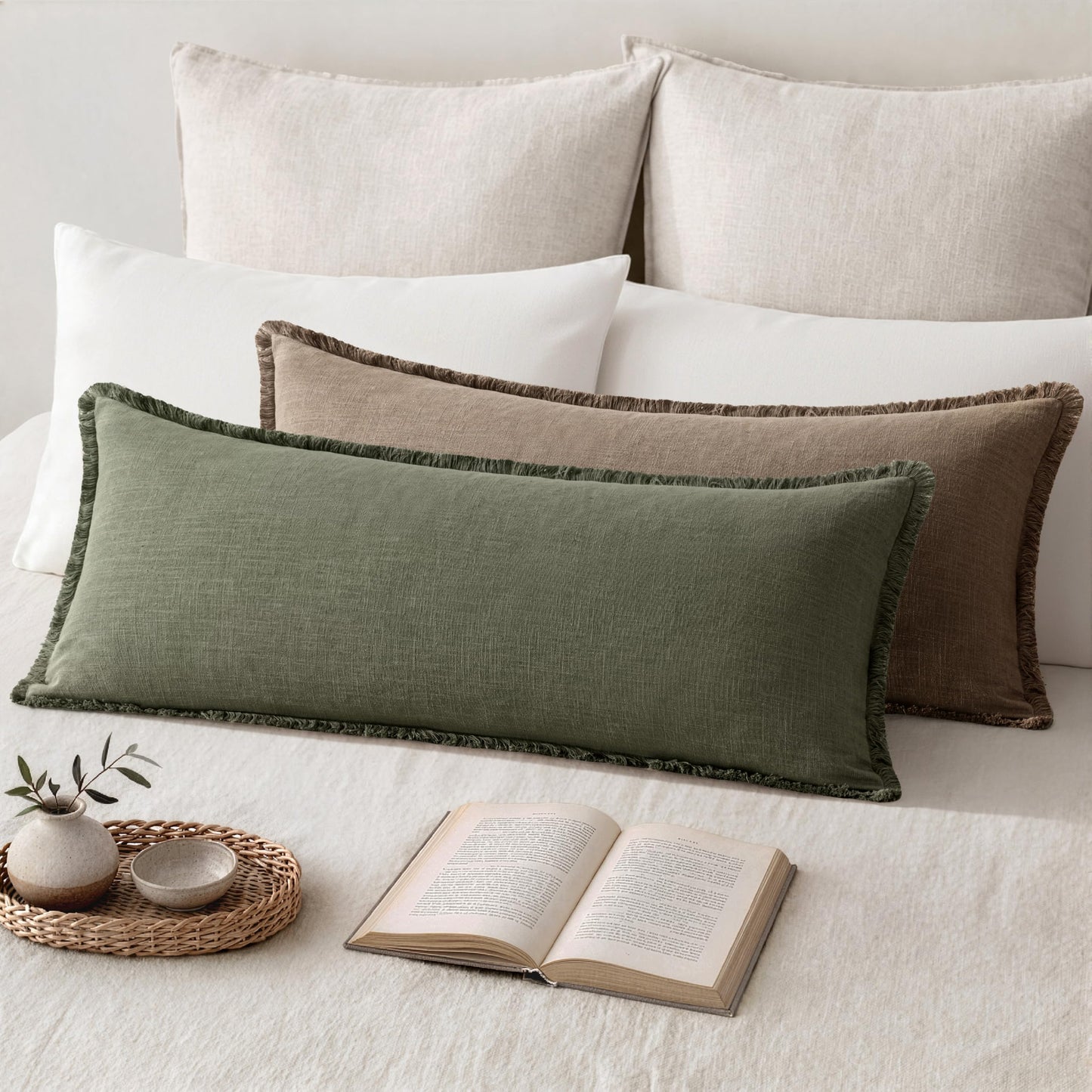 MIULEE 14x36 Long Linen Lumbar Pillow Covers Set of 1 Light Olive Green