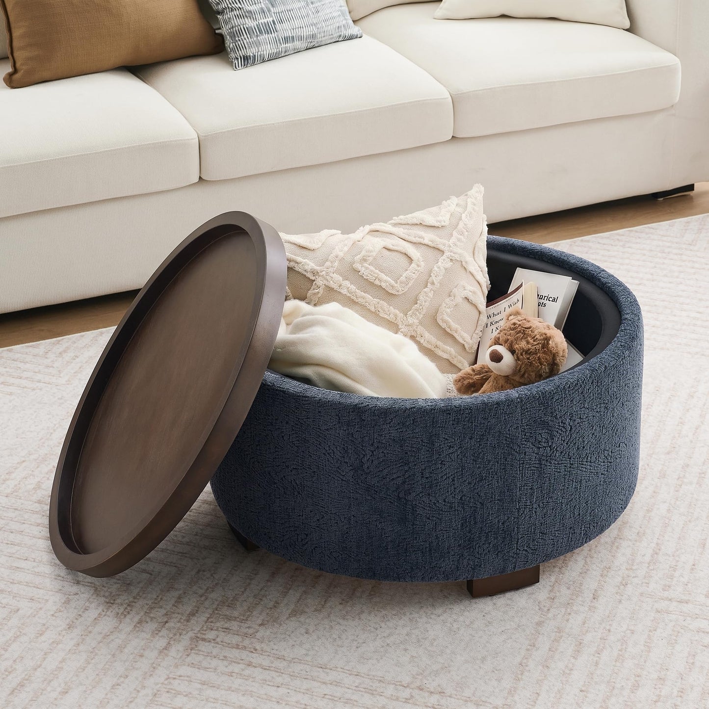 Zihanhome 30 Inch Round Storage Ottoman, Ottoman Coffee Table with Lift Off Lid, Boucle Modern Ottomans with Storage for Living Room, Bedroom, Apartments (Green)
