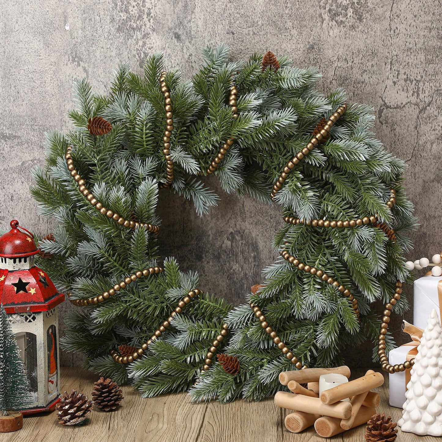 WILLBOND 16 Feet Wood Bead Garland Christmas Tree, Wood Color