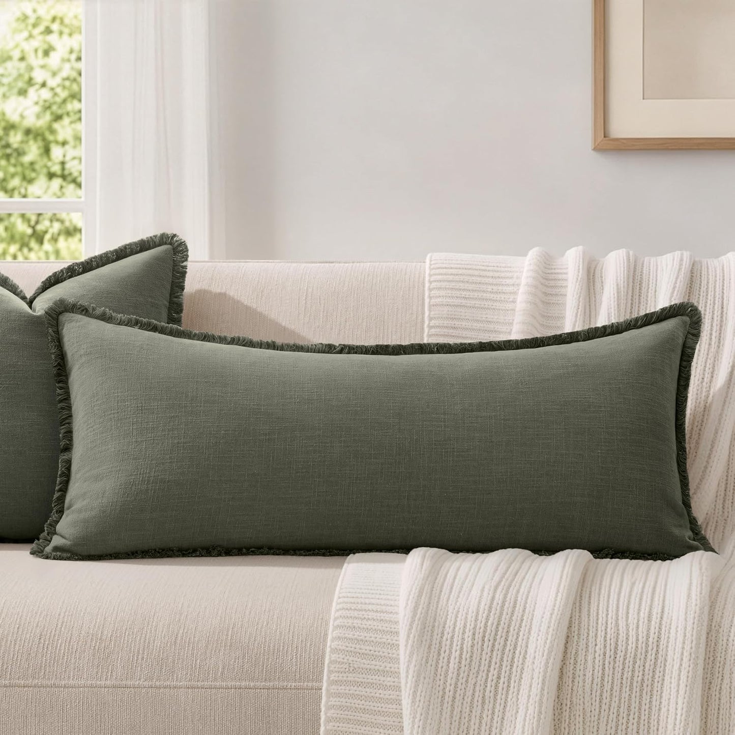 MIULEE 14x36 Long Linen Lumbar Pillow Covers Set of 1 Light Olive Green