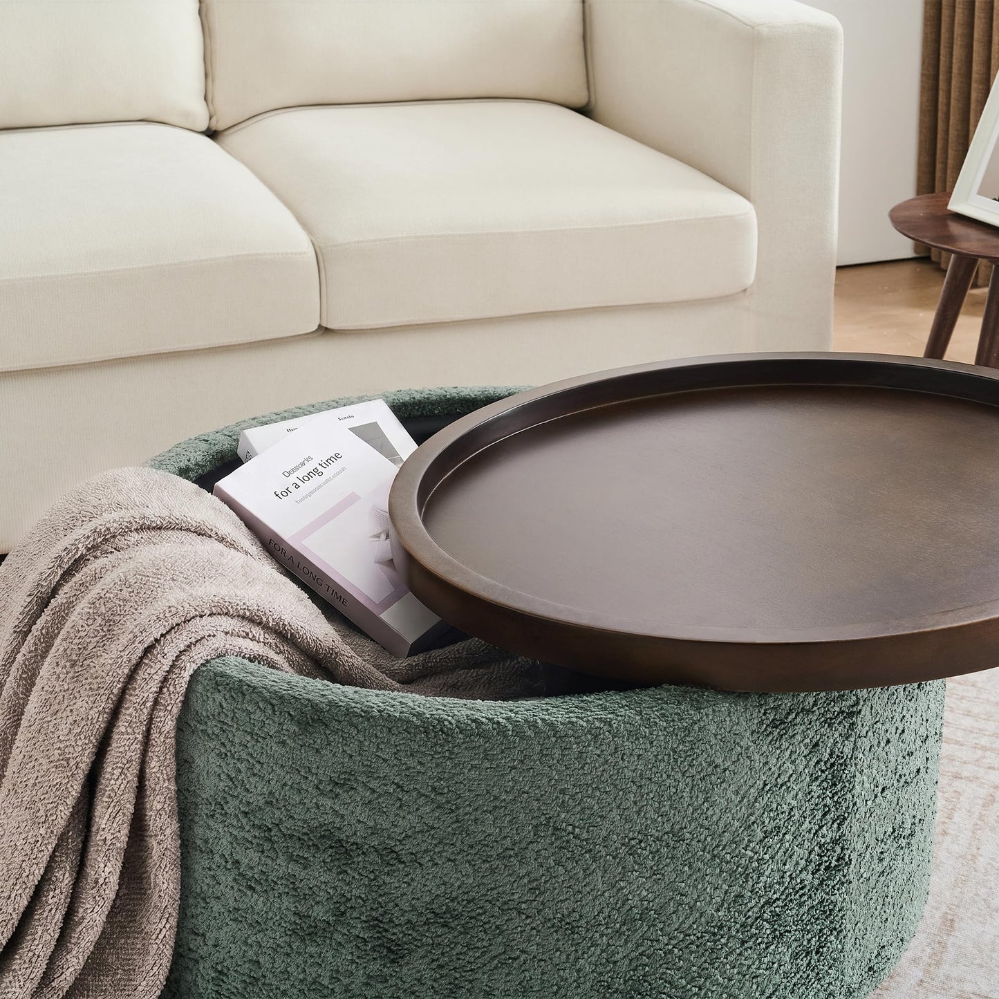 Zihanhome 30 Inch Round Storage Ottoman, Ottoman Coffee Table with Lift Off Lid, Boucle Modern Ottomans with Storage for Living Room, Bedroom, Apartments (Green)