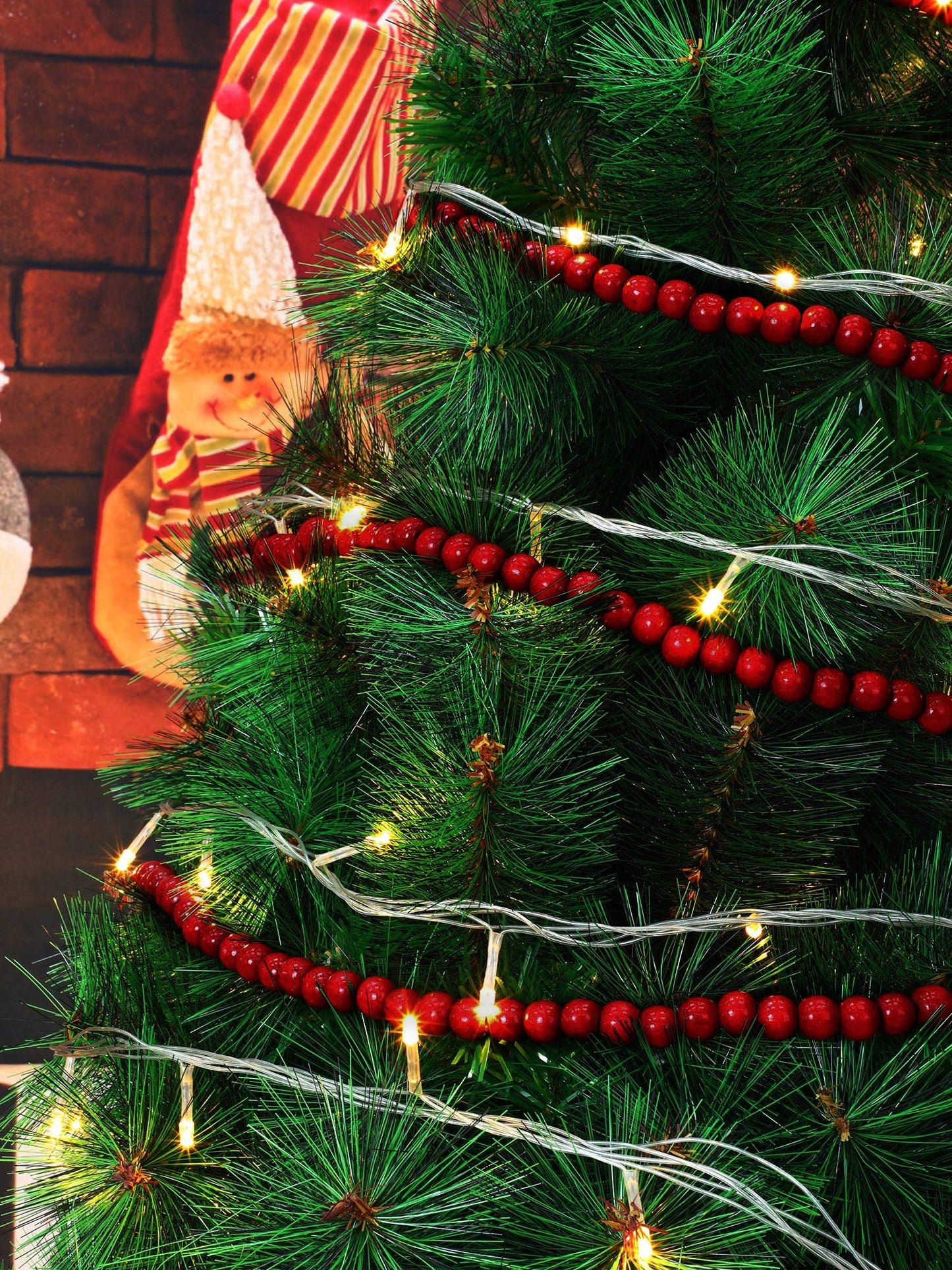 WILLBOND 16 Feet Wood Bead Garland Christmas Tree, Wood Color