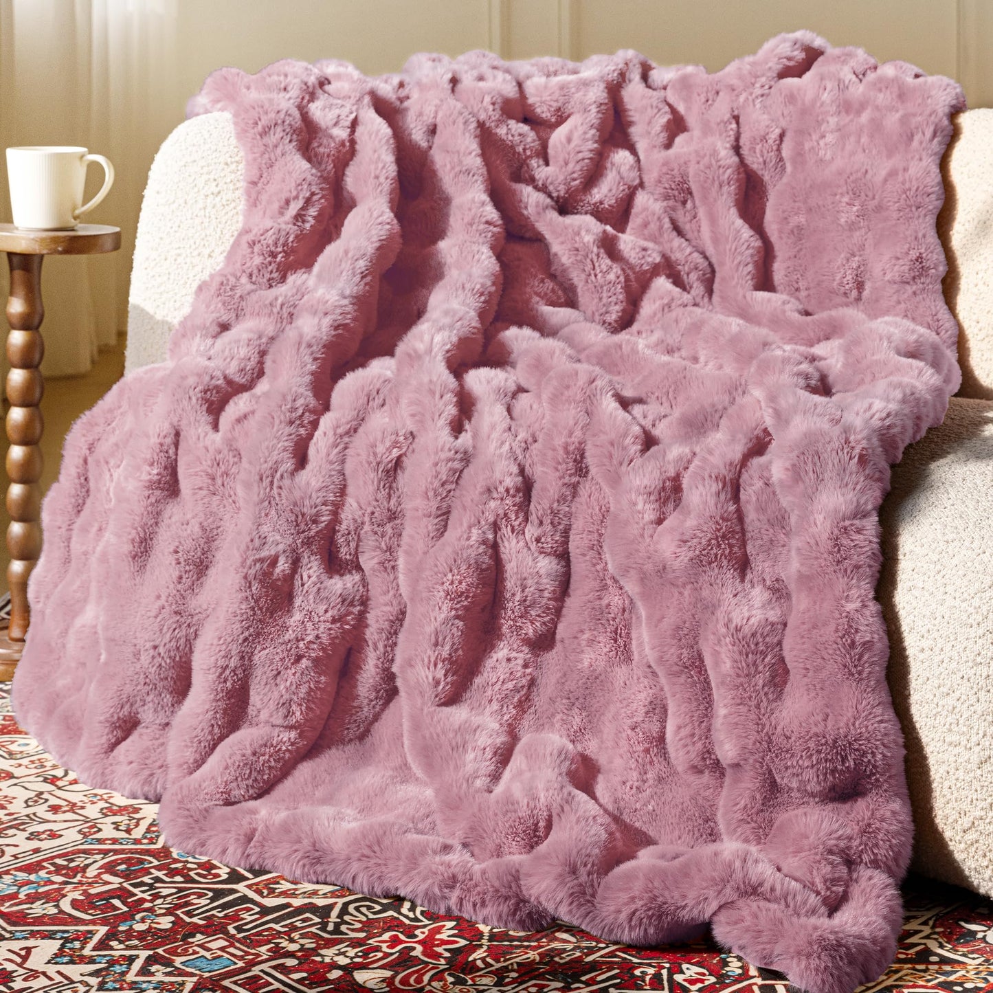 Ultra Soft Cozy Faux Fur Throw Blanket, Fuzzy Plush Thick Bubble Blanket, Oversize Luxury Fluffy Blanket for Couch, Sofa, Bedroom, and Living Room, 50x60 Inches, Light Brown