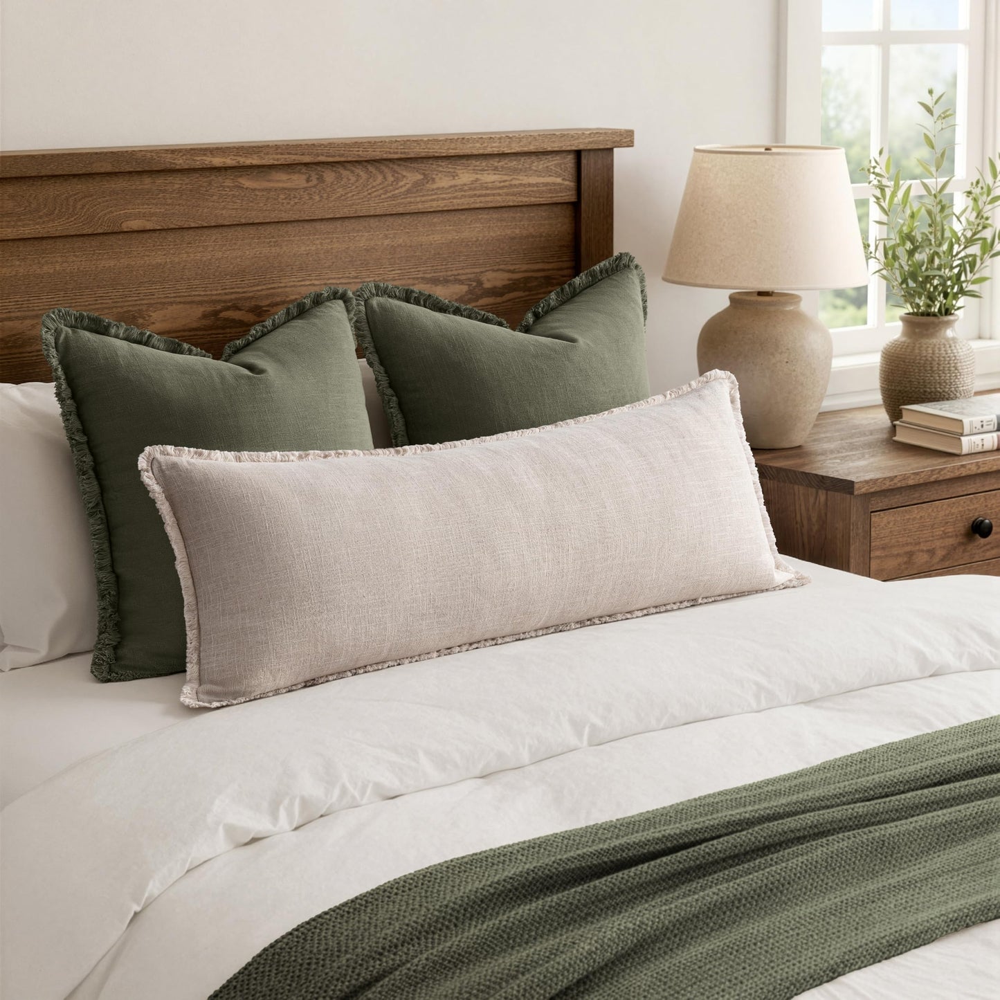 MIULEE 14x36 Long Linen Lumbar Pillow Covers Set of 1 Light Olive Green