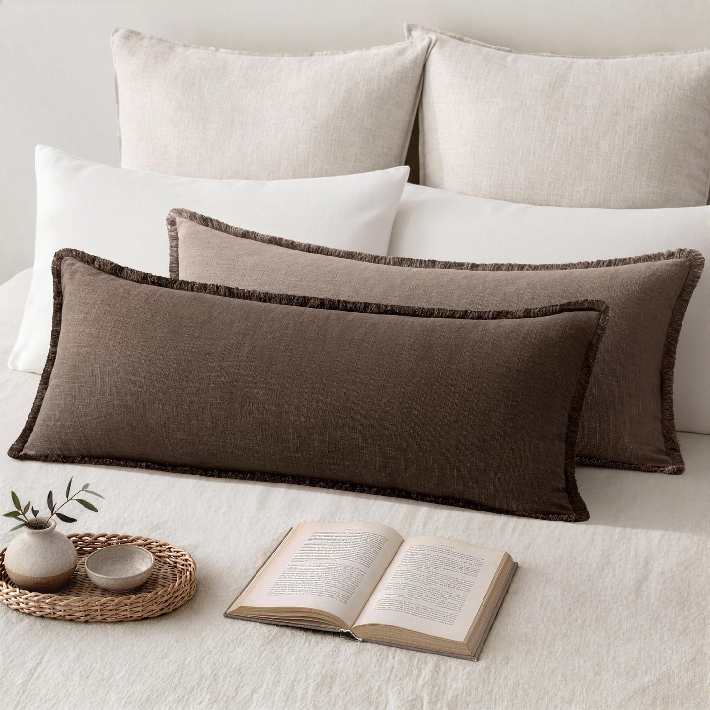MIULEE 14x36 Long Linen Lumbar Pillow Covers Set of 1 Light Olive Green