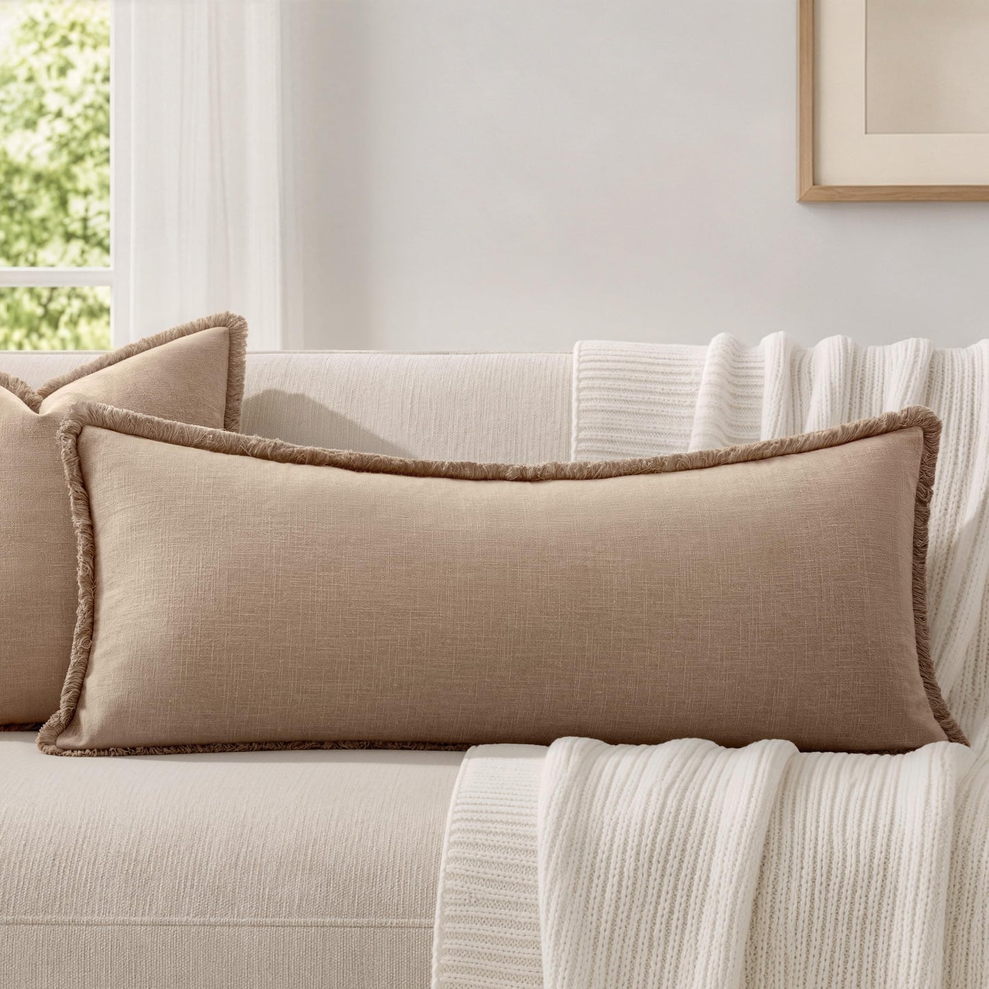 MIULEE 14x36 Long Linen Lumbar Pillow Covers Set of 1 Light Olive Green