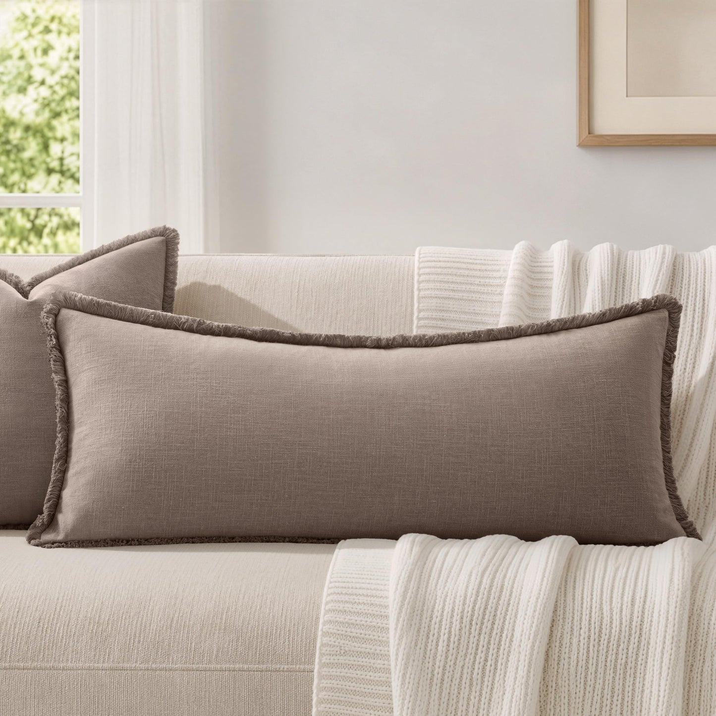 MIULEE 14x36 Long Linen Lumbar Pillow Covers Set of 1 Light Olive Green