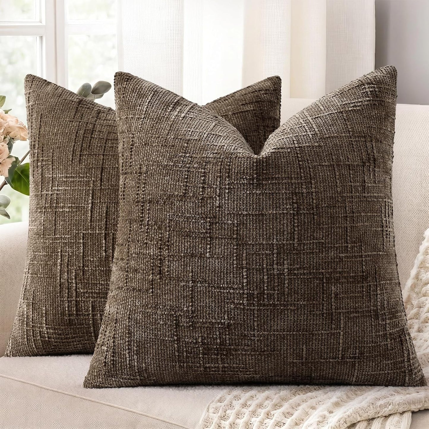 decorUhome Textured Chenille Throw Pillow Covers 18x18 Set of 2 Rust