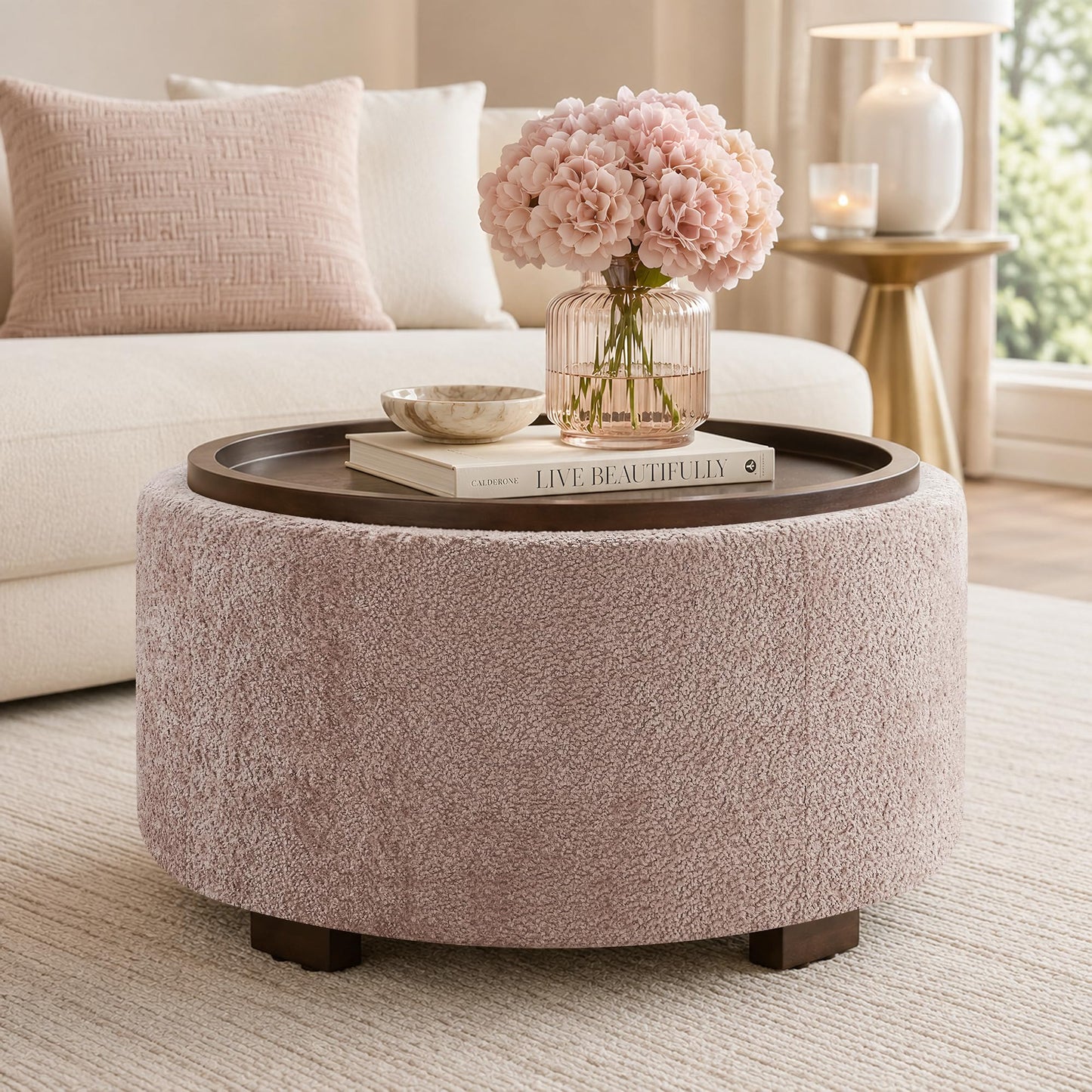 Zihanhome 30 Inch Round Storage Ottoman, Ottoman Coffee Table with Lift Off Lid, Boucle Modern Ottomans with Storage for Living Room, Bedroom, Apartments (Green)