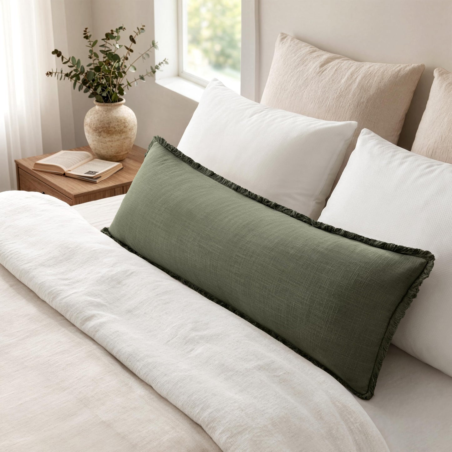 MIULEE 14x36 Long Linen Lumbar Pillow Covers Set of 1 Light Olive Green