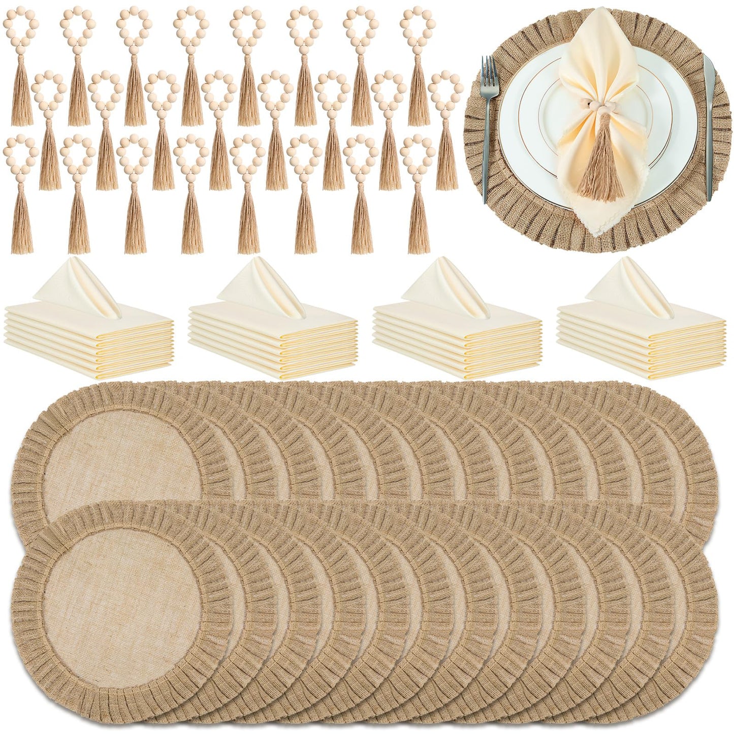 Gejoy 18 Pcs Burlap Placemat Wood Napkin Ring Dinner Napkin, Natural
