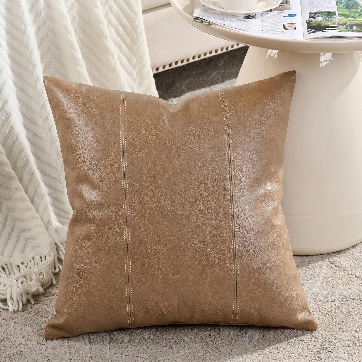 Fancy Homi Brown Boho Long Lumbar Faux Leather Body Decorative Throw Pillow Cover 14x36 Inch for Bedroom Couch Bed Bench, Thick Stylish Solid Rectangle Pillowcase, Rustic Modern Farmhouse Room Decor