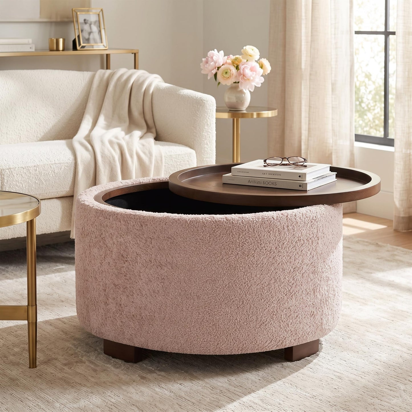 Zihanhome 30 Inch Round Storage Ottoman, Ottoman Coffee Table with Lift Off Lid, Boucle Modern Ottomans with Storage for Living Room, Bedroom, Apartments (Green)