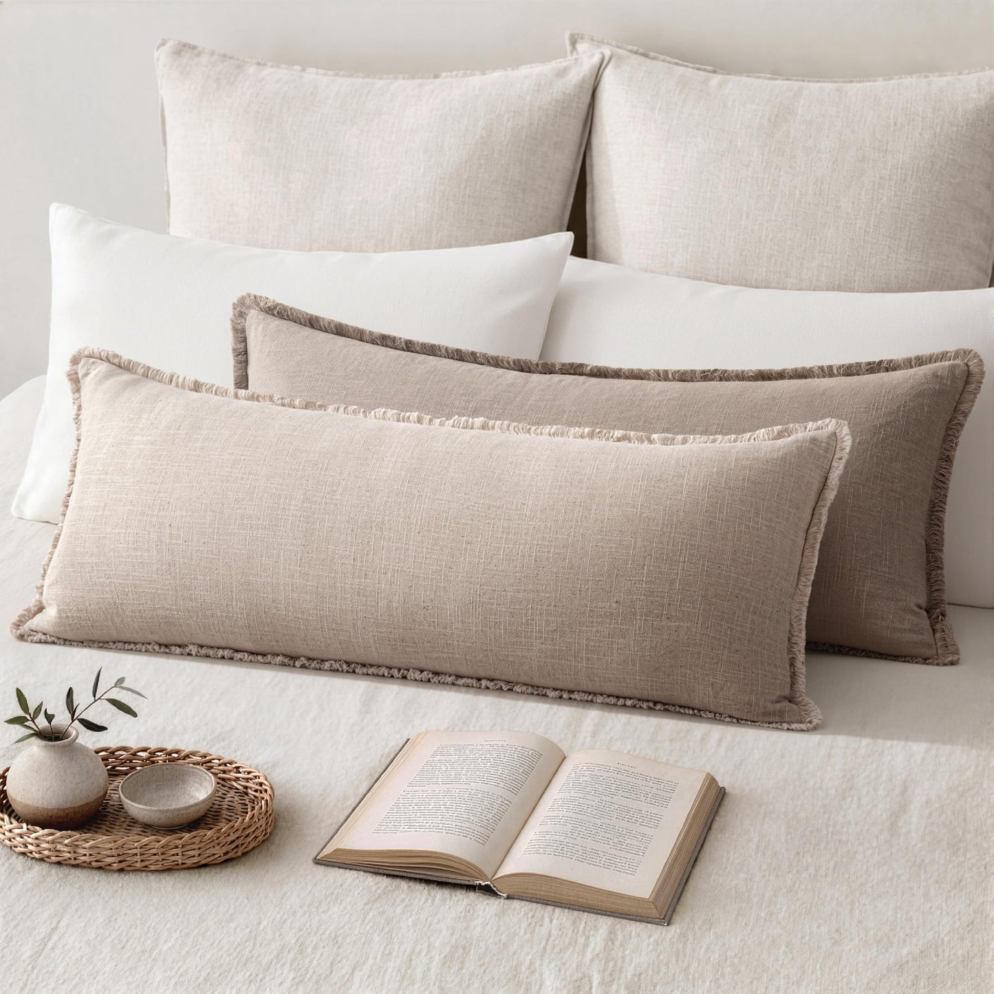MIULEE 14x36 Long Linen Lumbar Pillow Covers Set of 1 Light Olive Green