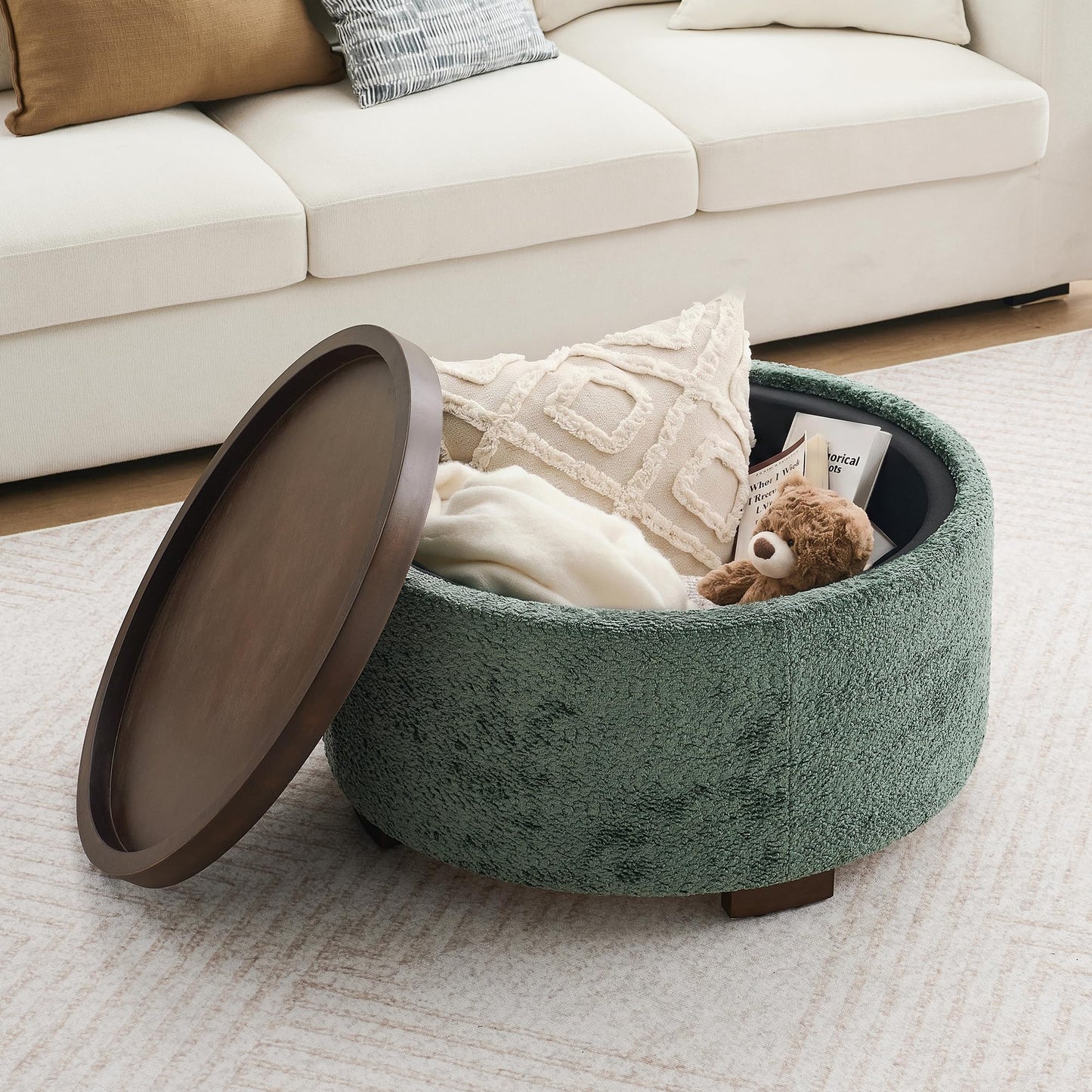 Zihanhome 30 Inch Round Storage Ottoman, Ottoman Coffee Table with Lift Off Lid, Boucle Modern Ottomans with Storage for Living Room, Bedroom, Apartments (Green)