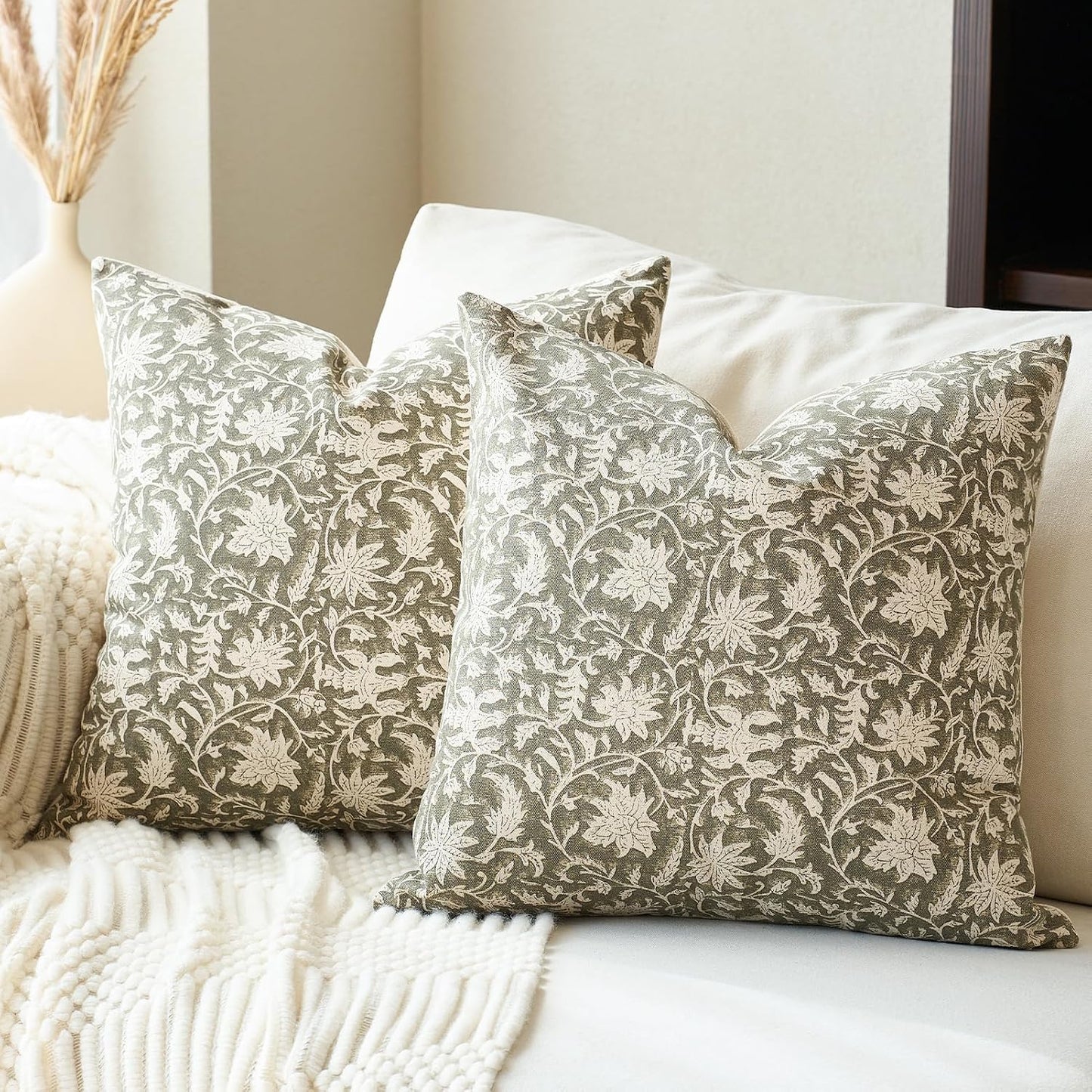 FIOUOVO Floral Throw Pillow Covers 18x18 Farmhouse Block Print Pillow Covers Decorative Pillow Covers Couch Pillows for Living Room Vintage Accent Sofa Pillows Set of 2, Olive Green