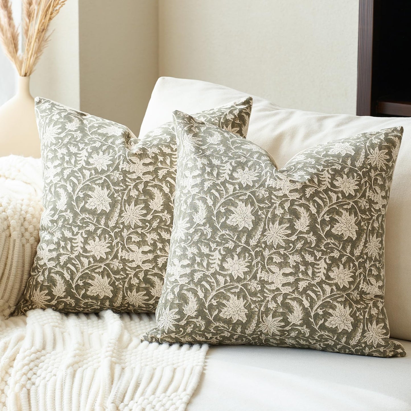 FIOUOVO Floral Throw Pillow Covers 18x18 Farmhouse Block Print Pillow Covers Decorative Pillow Covers Couch Pillows for Living Room Vintage Accent Sofa Pillows Set of 2, Olive Green