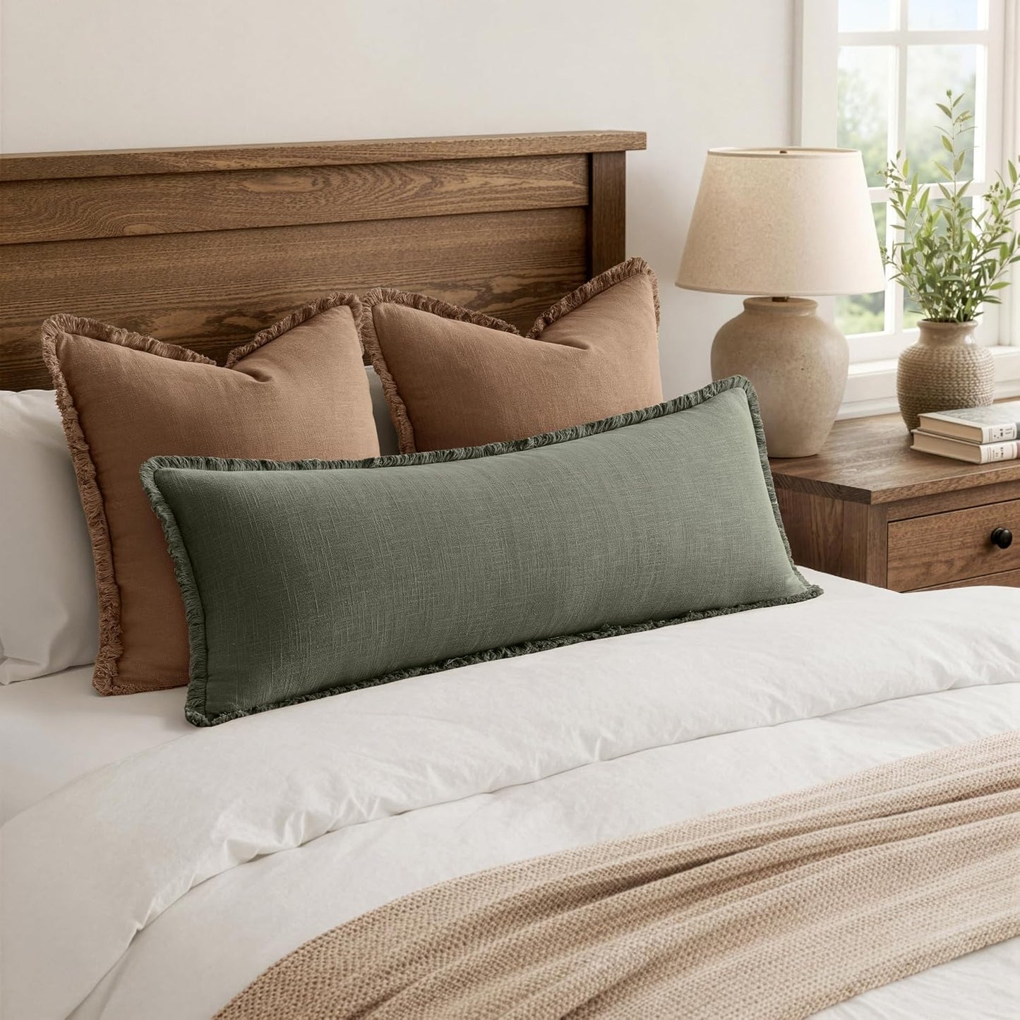 MIULEE 14x36 Long Linen Lumbar Pillow Covers Set of 1 Light Olive Green