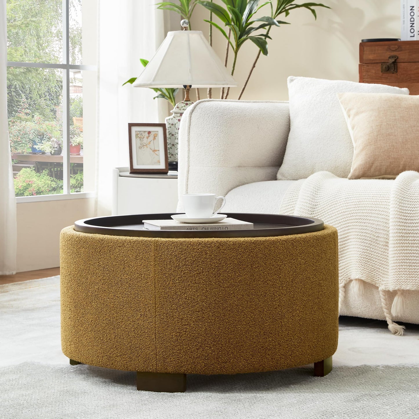 Zihanhome 30 Inch Round Storage Ottoman, Ottoman Coffee Table with Lift Off Lid, Boucle Modern Ottomans with Storage for Living Room, Bedroom, Apartments (Green)