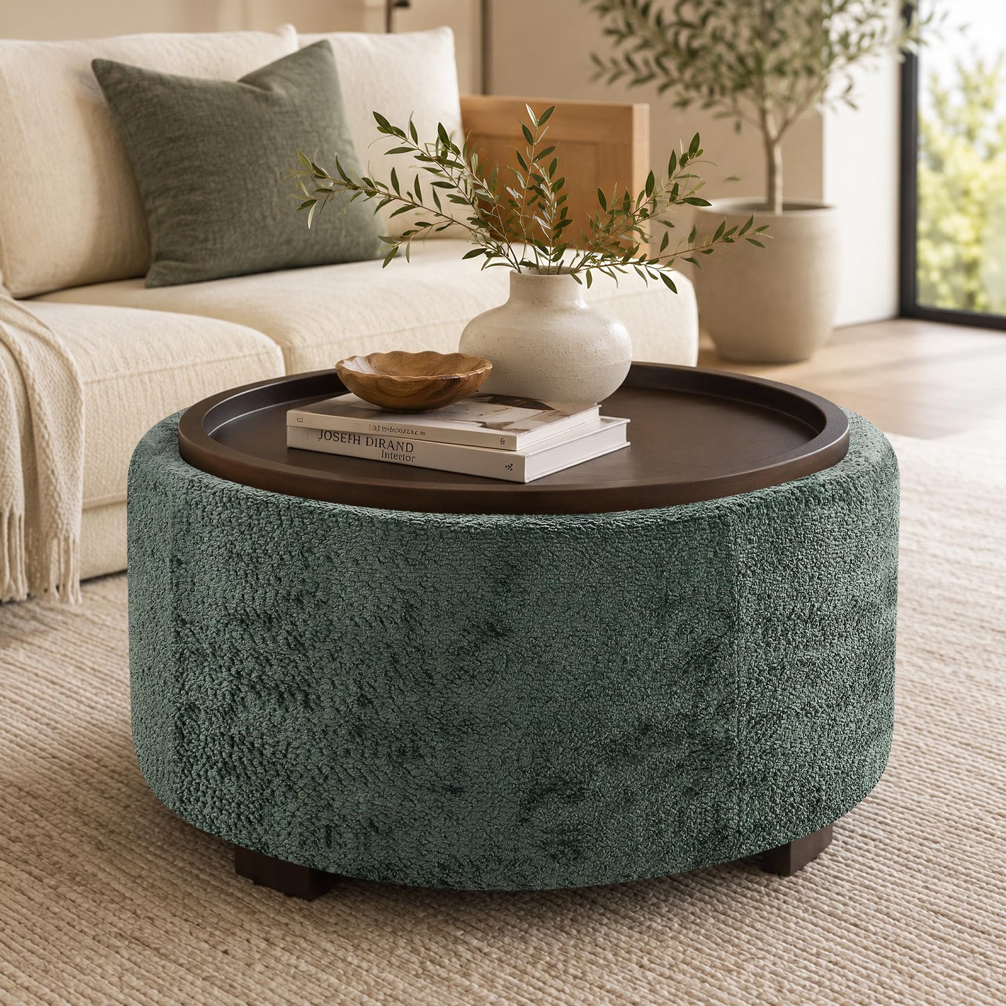 Zihanhome 30 Inch Round Storage Ottoman, Ottoman Coffee Table with Lift Off Lid, Boucle Modern Ottomans with Storage for Living Room, Bedroom, Apartments (Green)