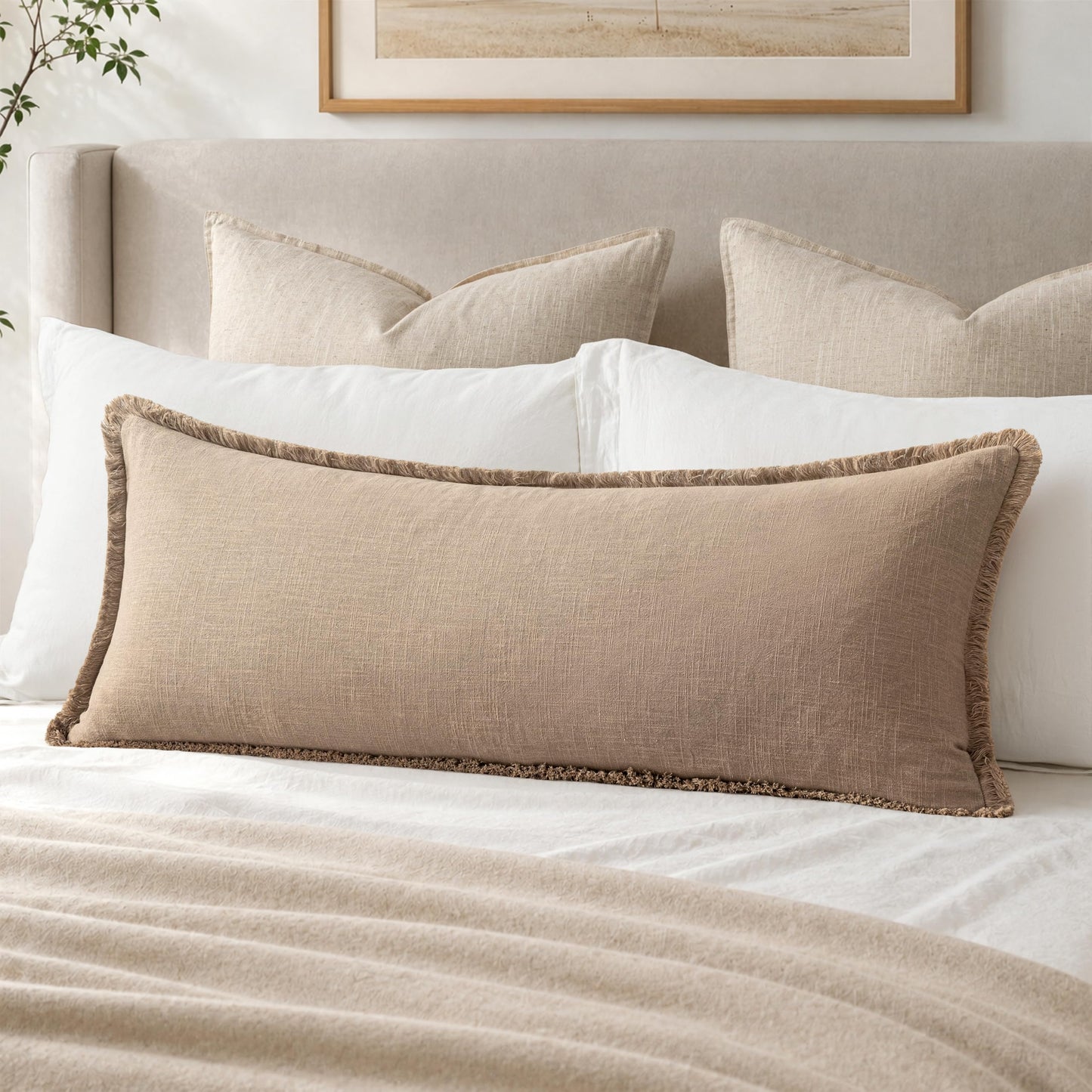 MIULEE 14x36 Long Linen Lumbar Pillow Covers Set of 1 Light Olive Green