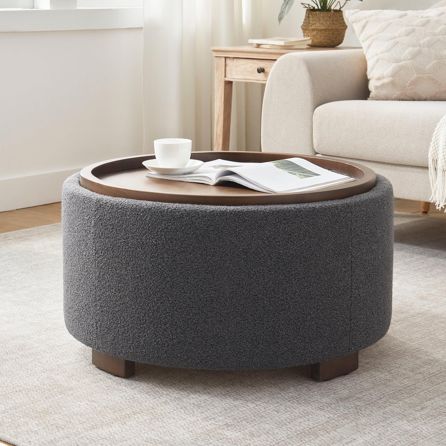 Zihanhome 30 Inch Round Storage Ottoman, Ottoman Coffee Table with Lift Off Lid, Boucle Modern Ottomans with Storage for Living Room, Bedroom, Apartments (Green)